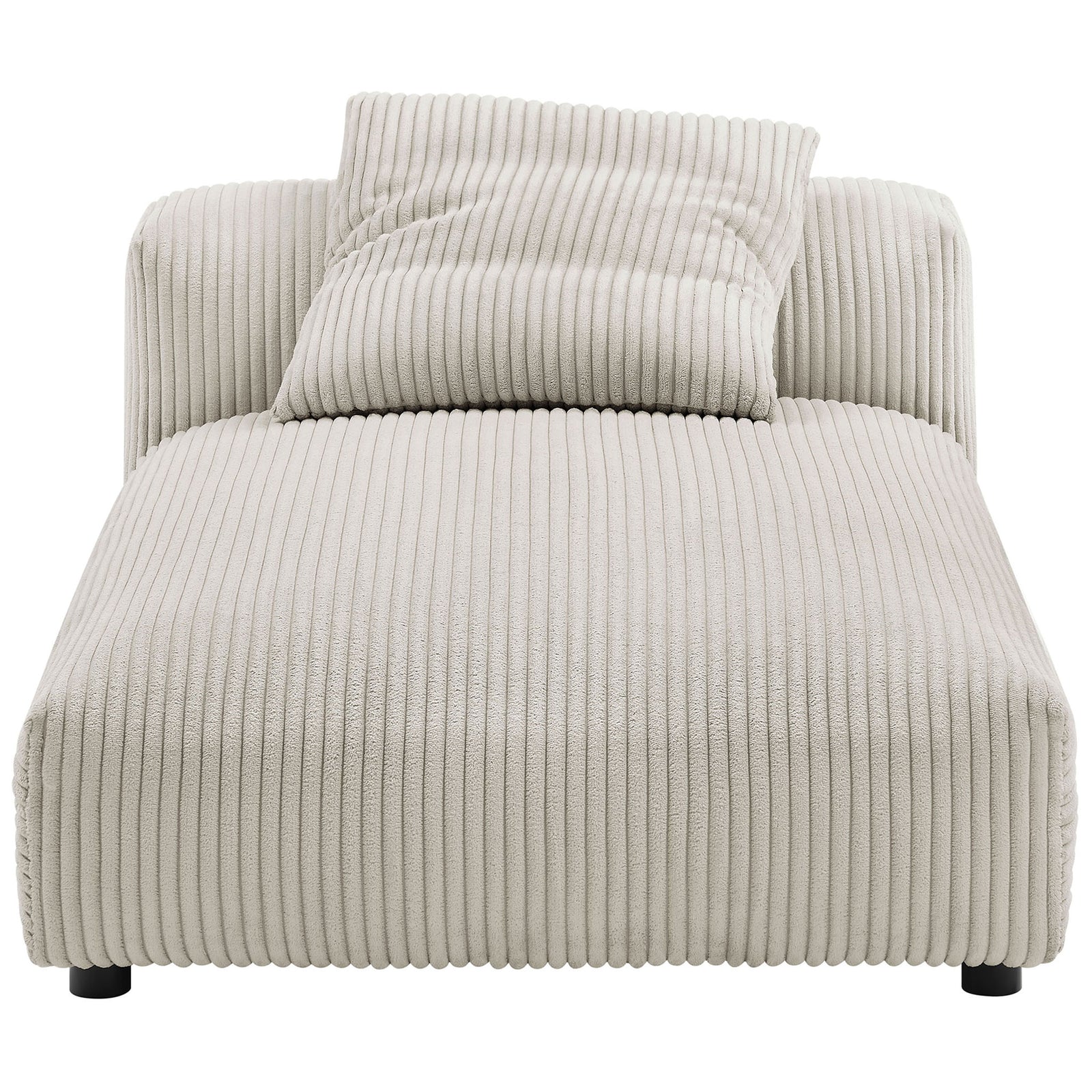 Inviting chaise lounge with generous proportions and plush wide-wale corduroy upholstery || EEI-6886-ALM || front_studio