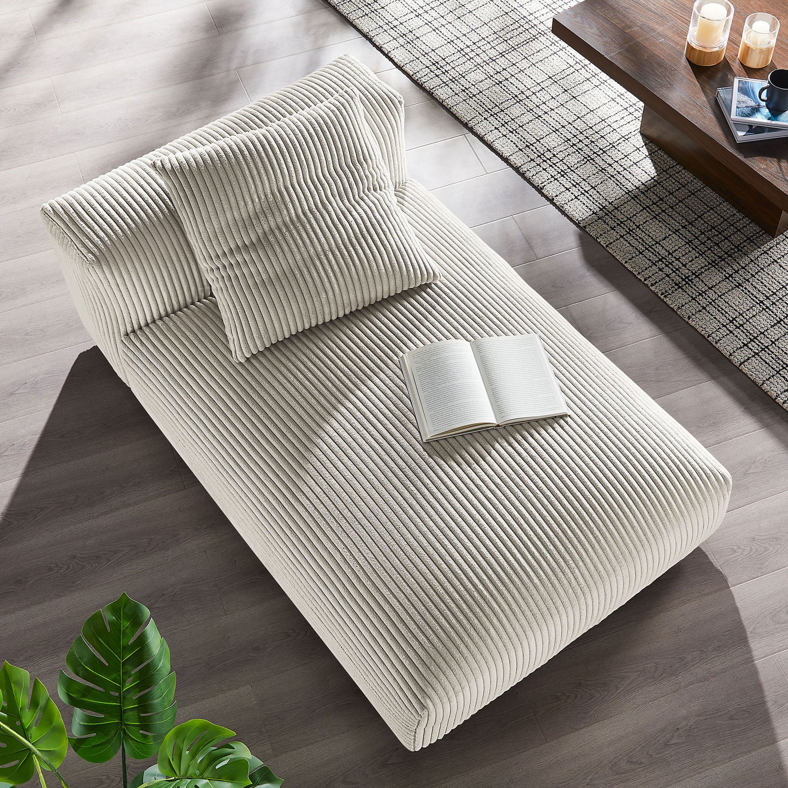 Spacious chaise invites lounging with a plush pillow and tactile wide-wale corduroy in almond || EEI-6886-ALM || top_room