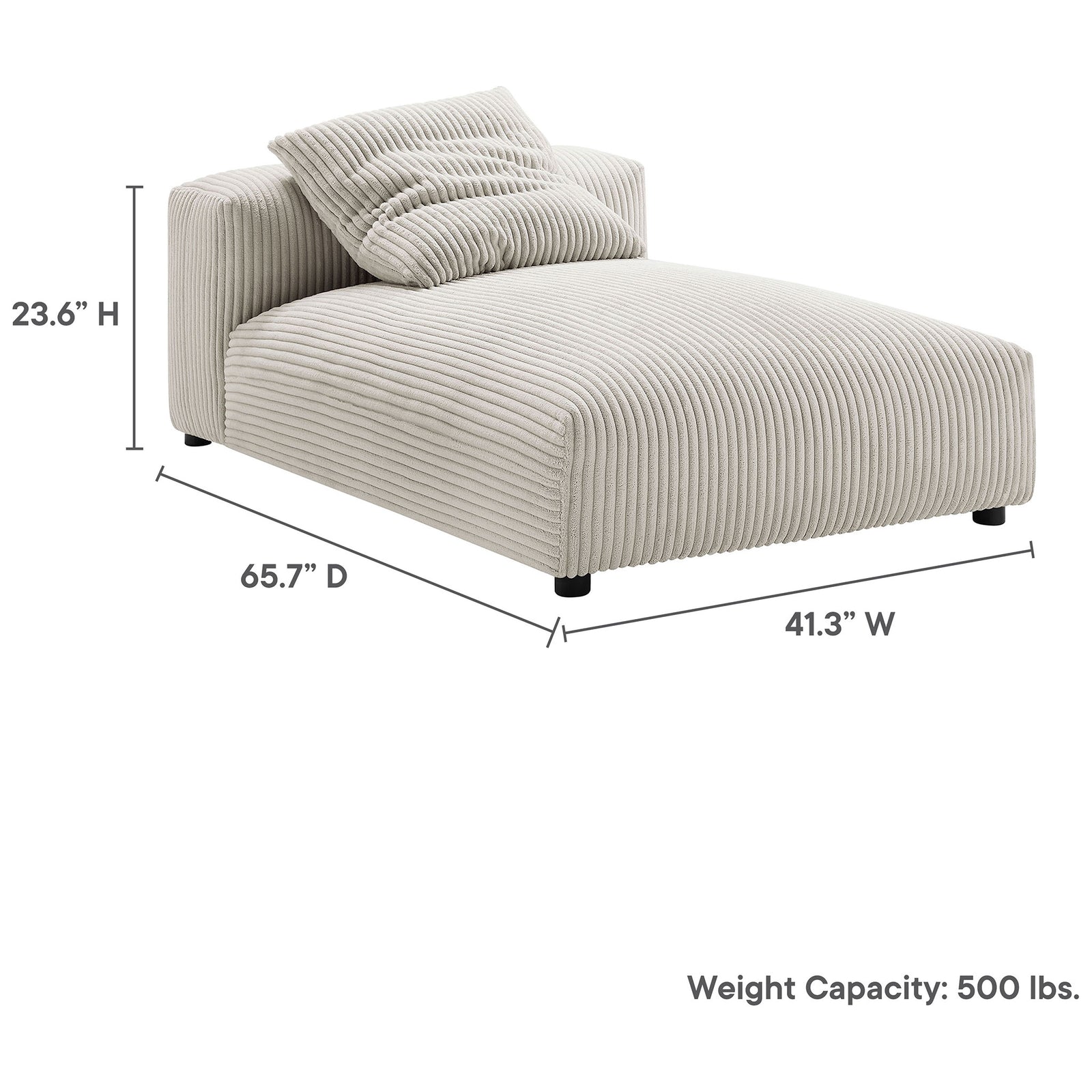 Dimensions and 500 lb weight capacity for the almond corduroy chaise lounge || EEI-6886-ALM || dimension_studio