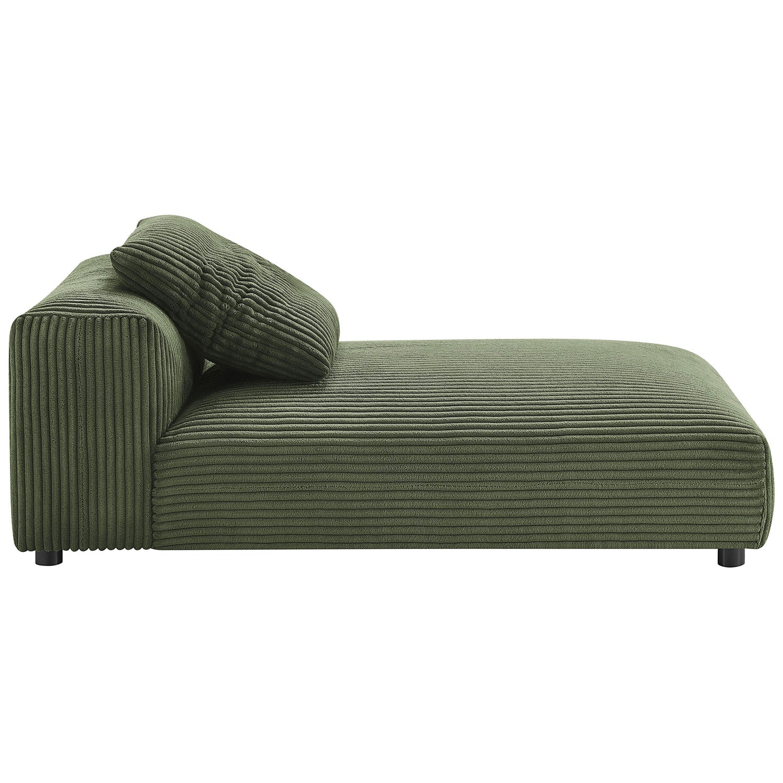 Low-profile armless chaise in fern corduroy with deep cushioning and soft accent pillow || EEI-6886-FRN || side_studio