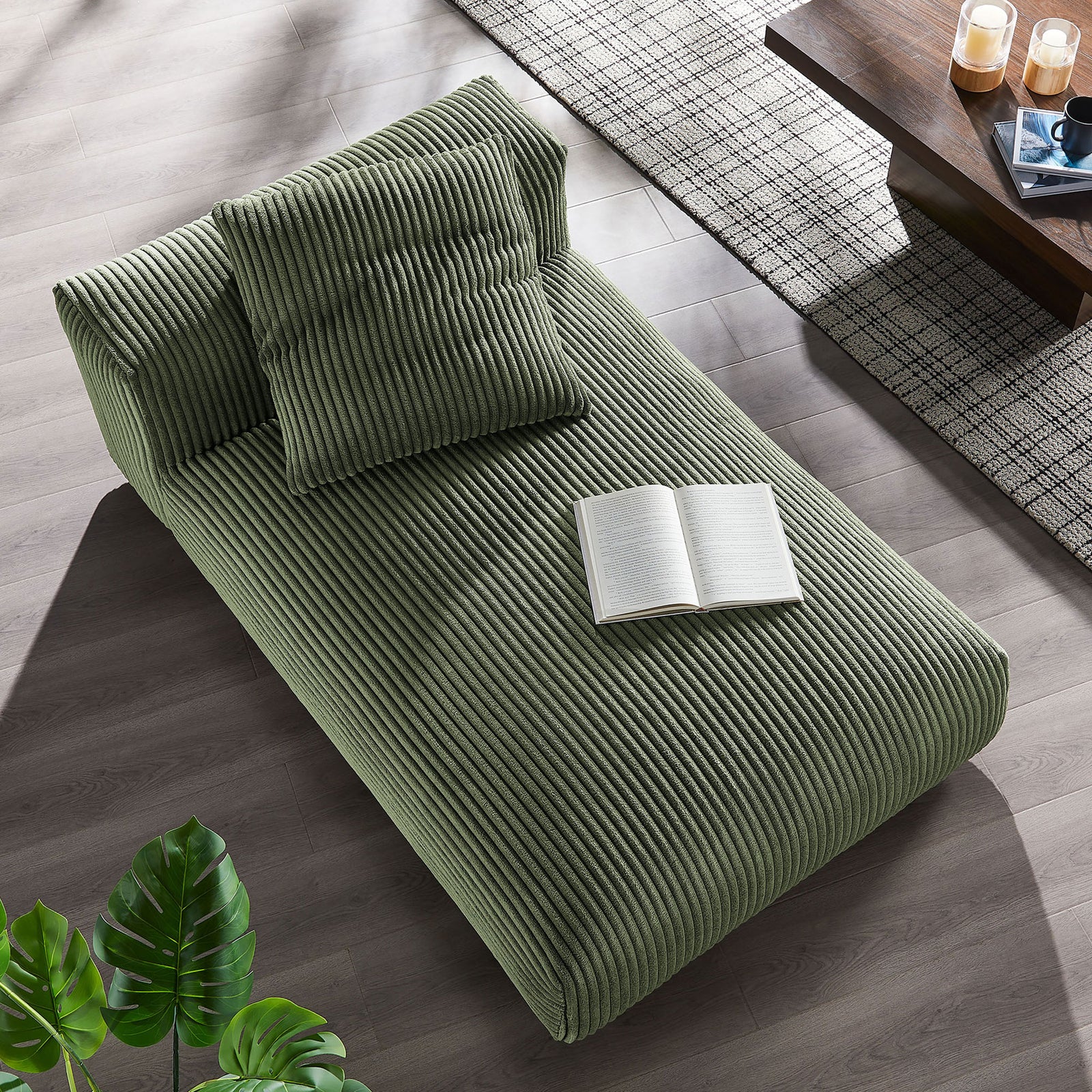 Expansive chaise surface invites stretching out, highlighted by ribbed corduroy and soft support || EEI-6886-FRN || top_angle_room