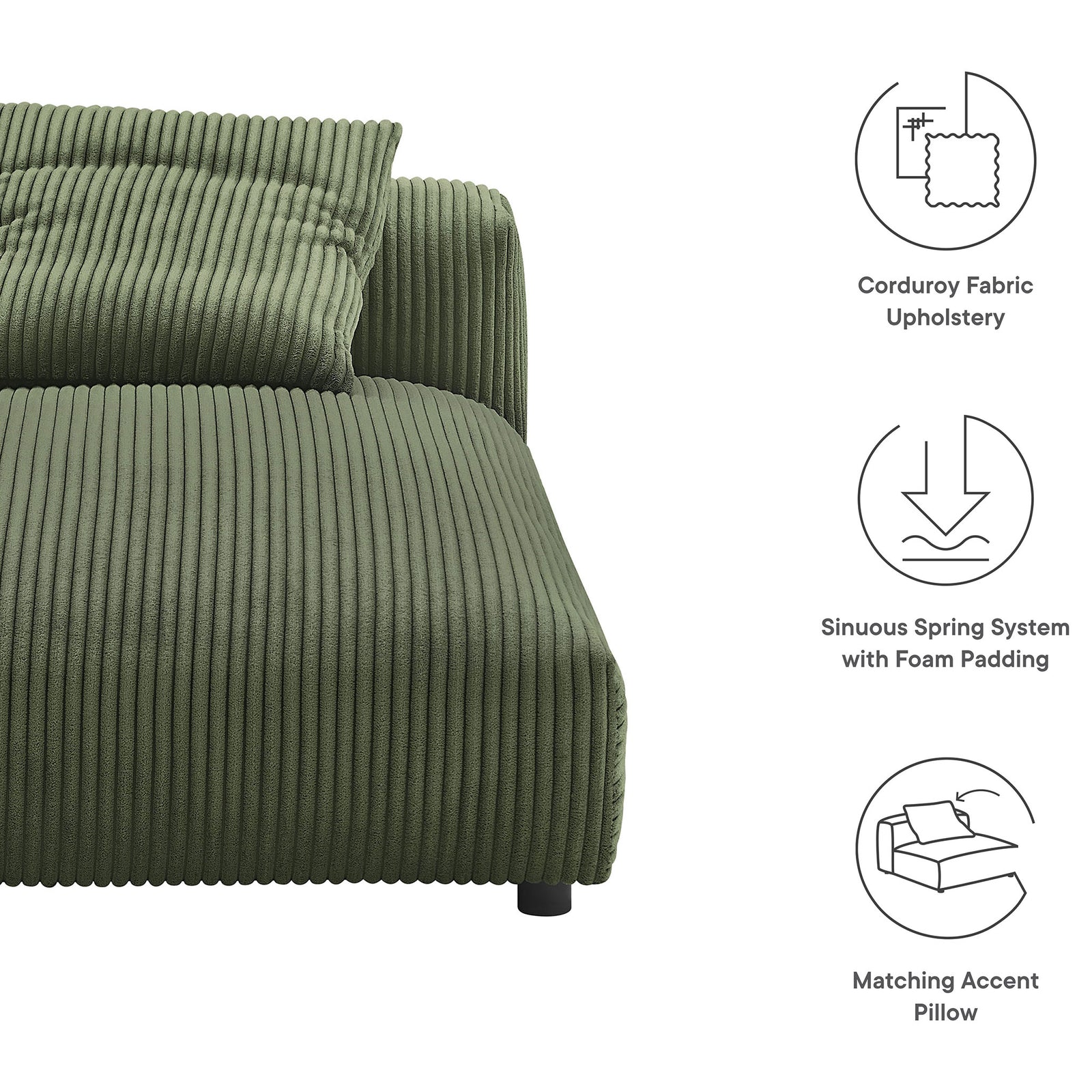Corduroy chaise with foam comfort, sinuous spring support, and a matching accent pillow || EEI-6886-FRN || callout_studio