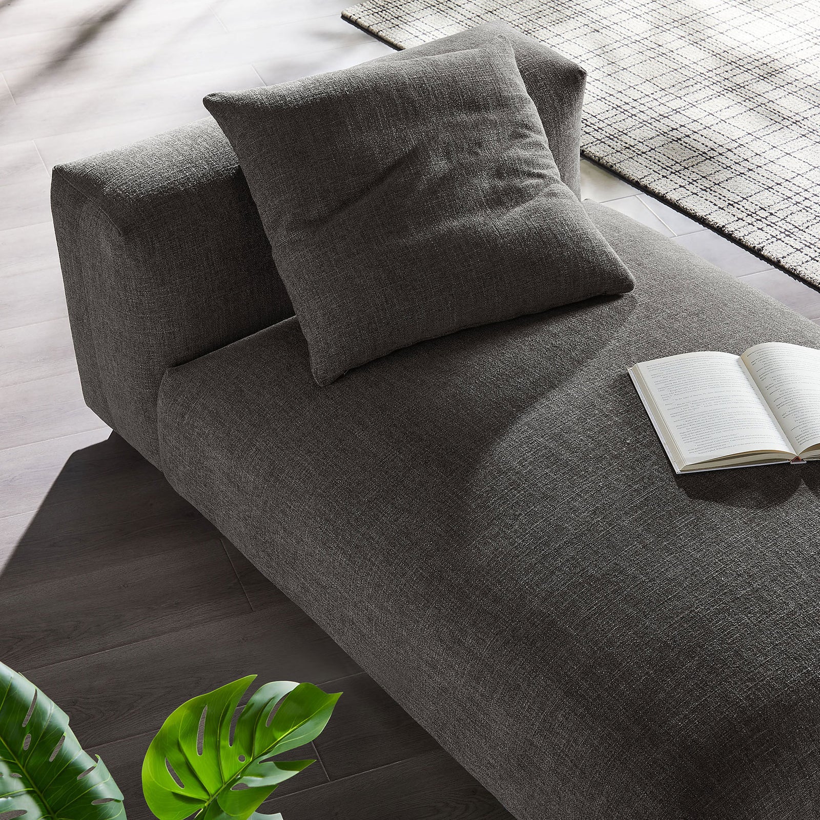 Versatile chaise in charcoal fabric pairs a deep seat with a matching pillow for everyday comfort || EEI-6887-CHA || detail_room