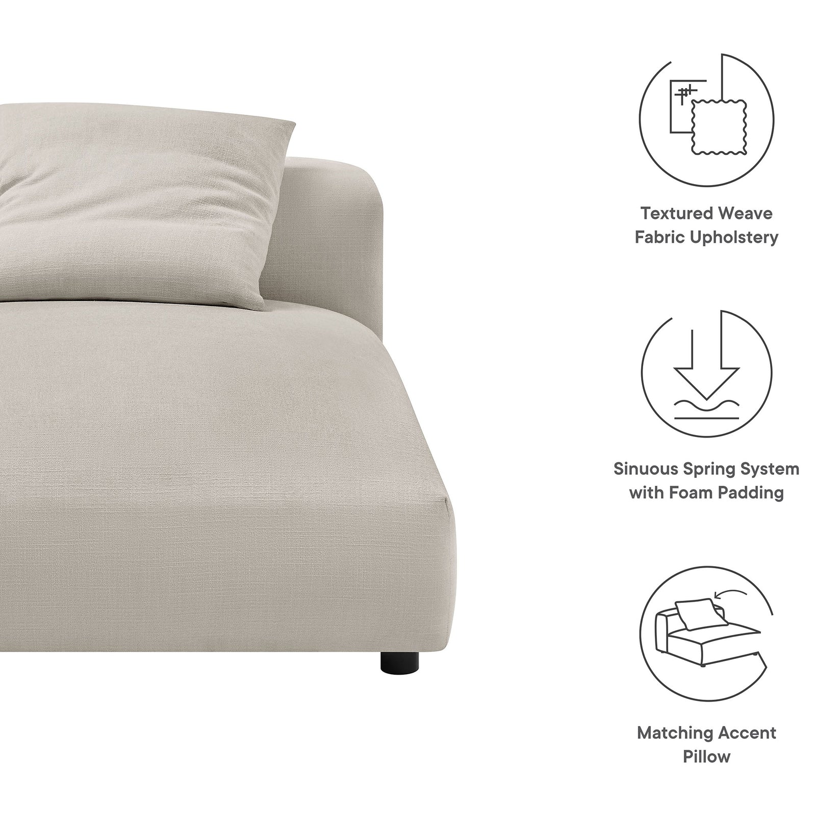Supportive chaise features dense foam over sinuous springs with a matching pillow in soft salt fabric. || EEI-6887-SAL || callout_studio