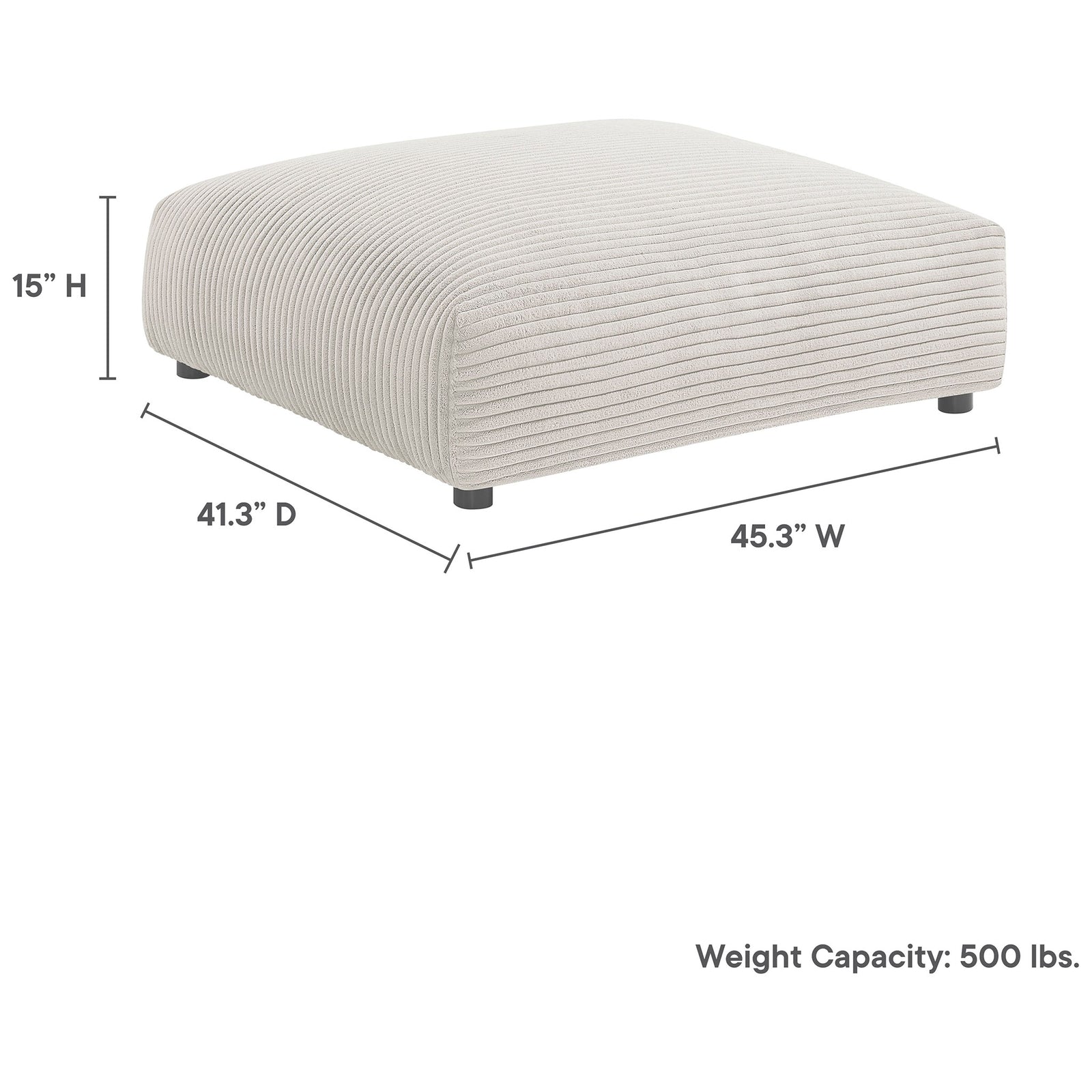 Almond corduroy ottoman with dimensions and 500 lb weight capacity shown for generous lounging space || EEI-6888-ALM || dimension_studio