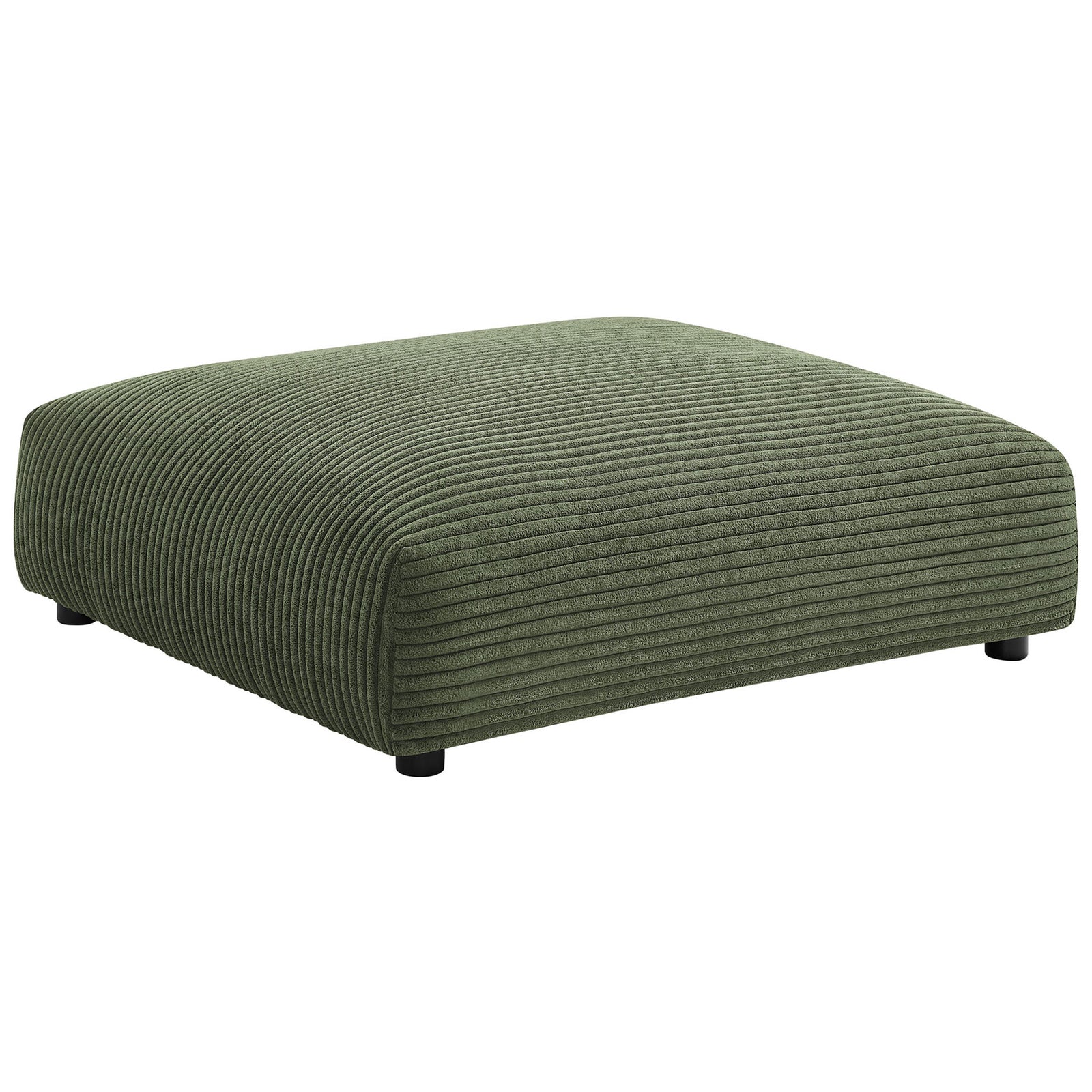 Oversized fern green corduroy ottoman with low profile and soft, wide channel tufting. || EEI-6888-FRN || front_angle_studio