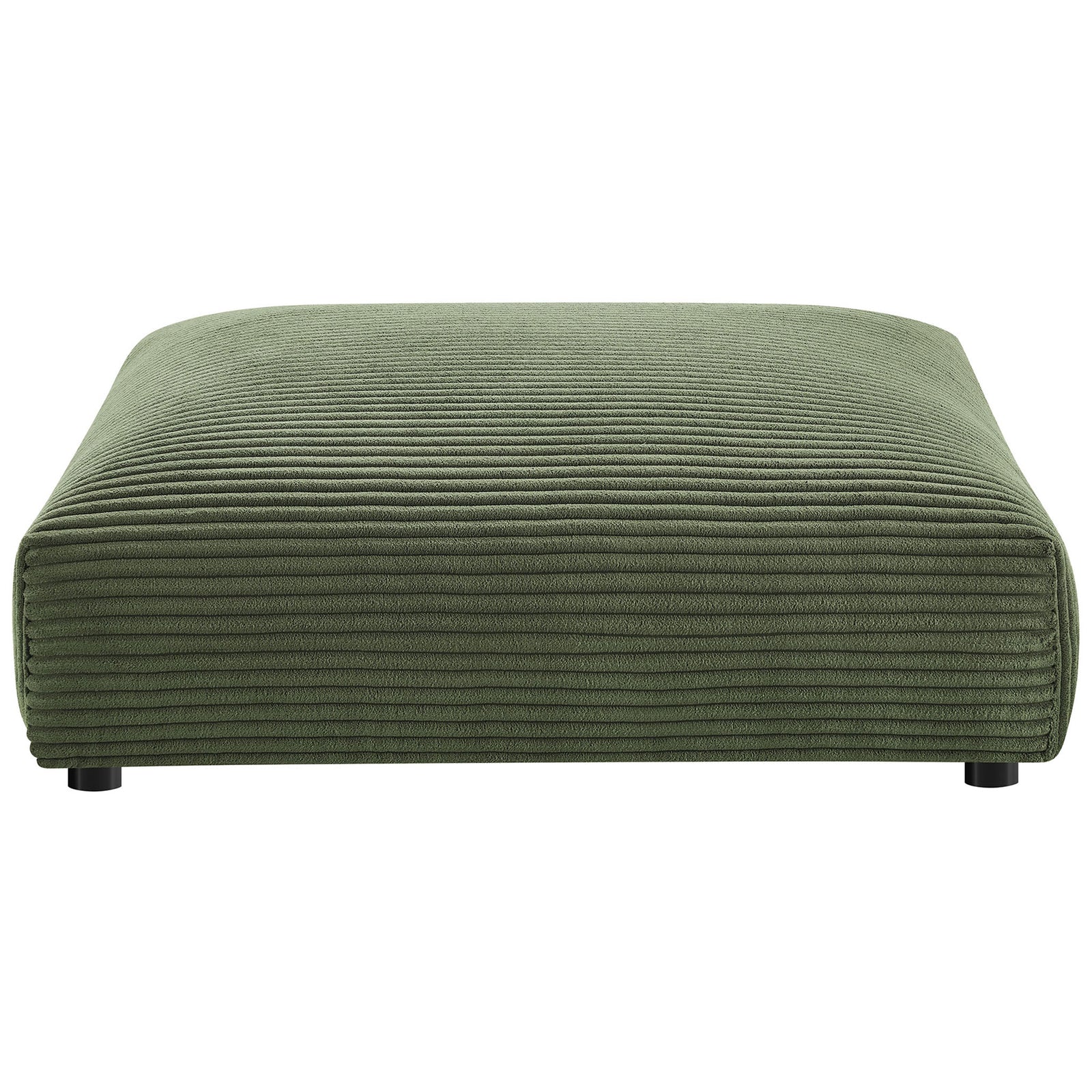 Plush square corduroy ottoman in fern green showcasing deep horizontal channels and rounded edges. || EEI-6888-FRN || front_studio