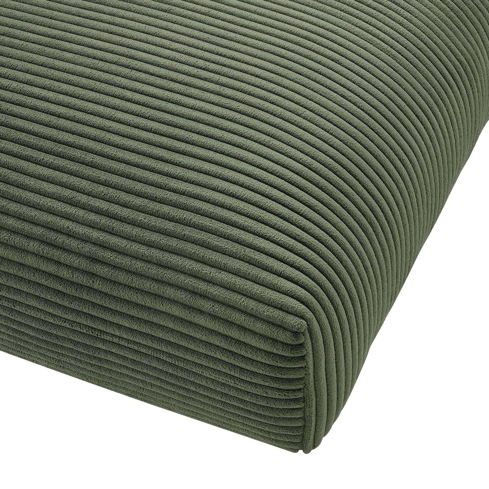 Fern corduroy upholstery on the ottoman corner showing soft ribbed texture and neatly tailored seams. || EEI-6888-FRN || detail_studio