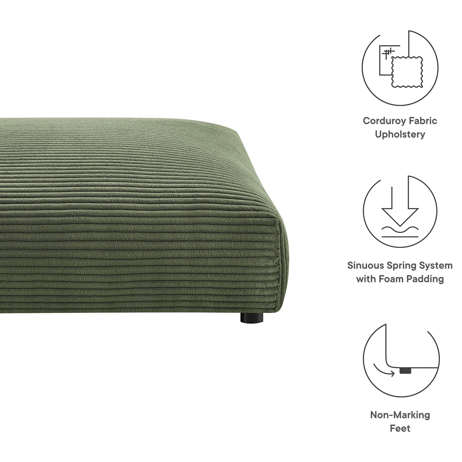 Slim profile corduroy ottoman with icons highlighting upholstery, spring support, and non-marking feet. || EEI-6888-FRN || callout_studio