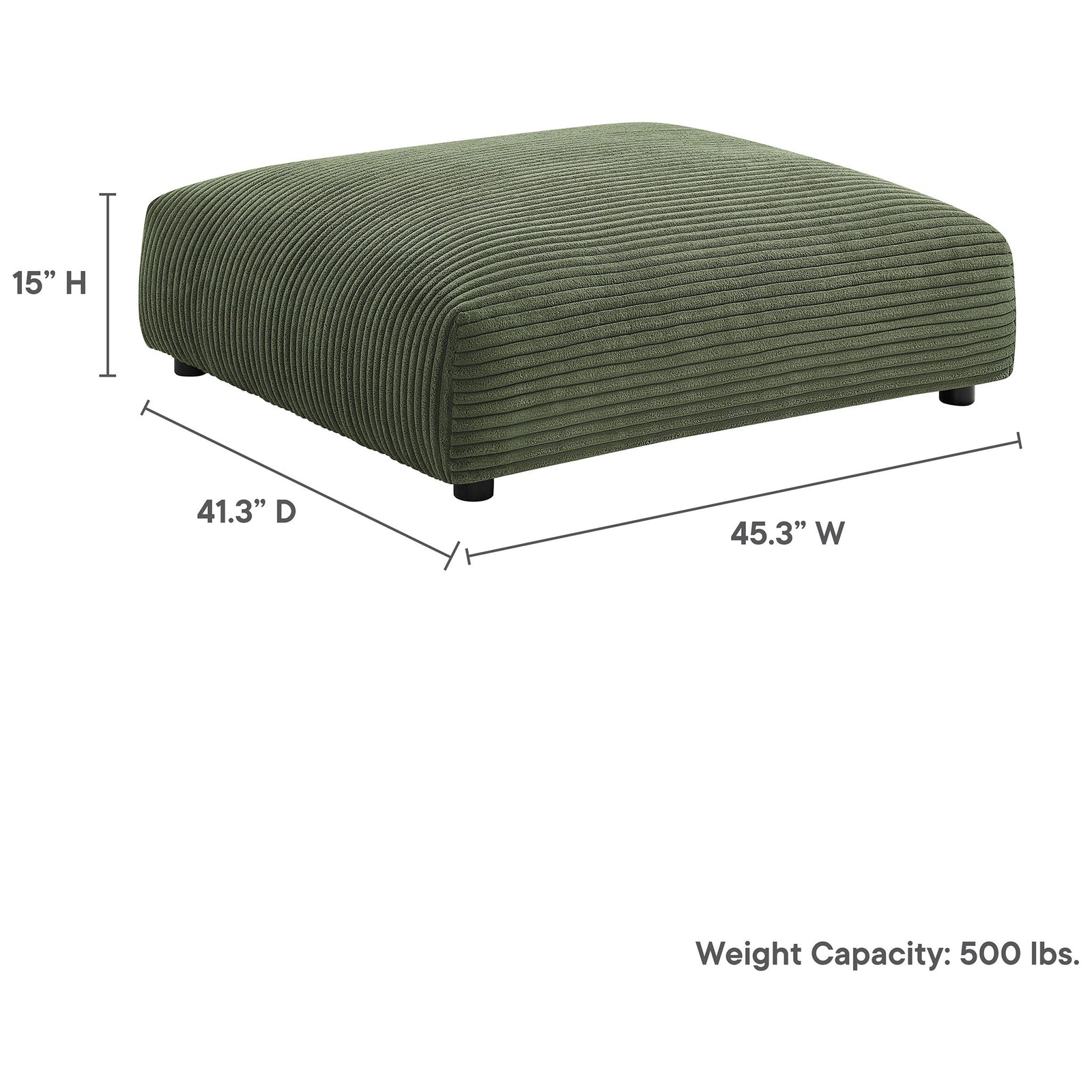 Corduroy ottoman with printed dimensions and 500 lb weight capacity for easy size and support reference. || EEI-6888-FRN || dimension_studio