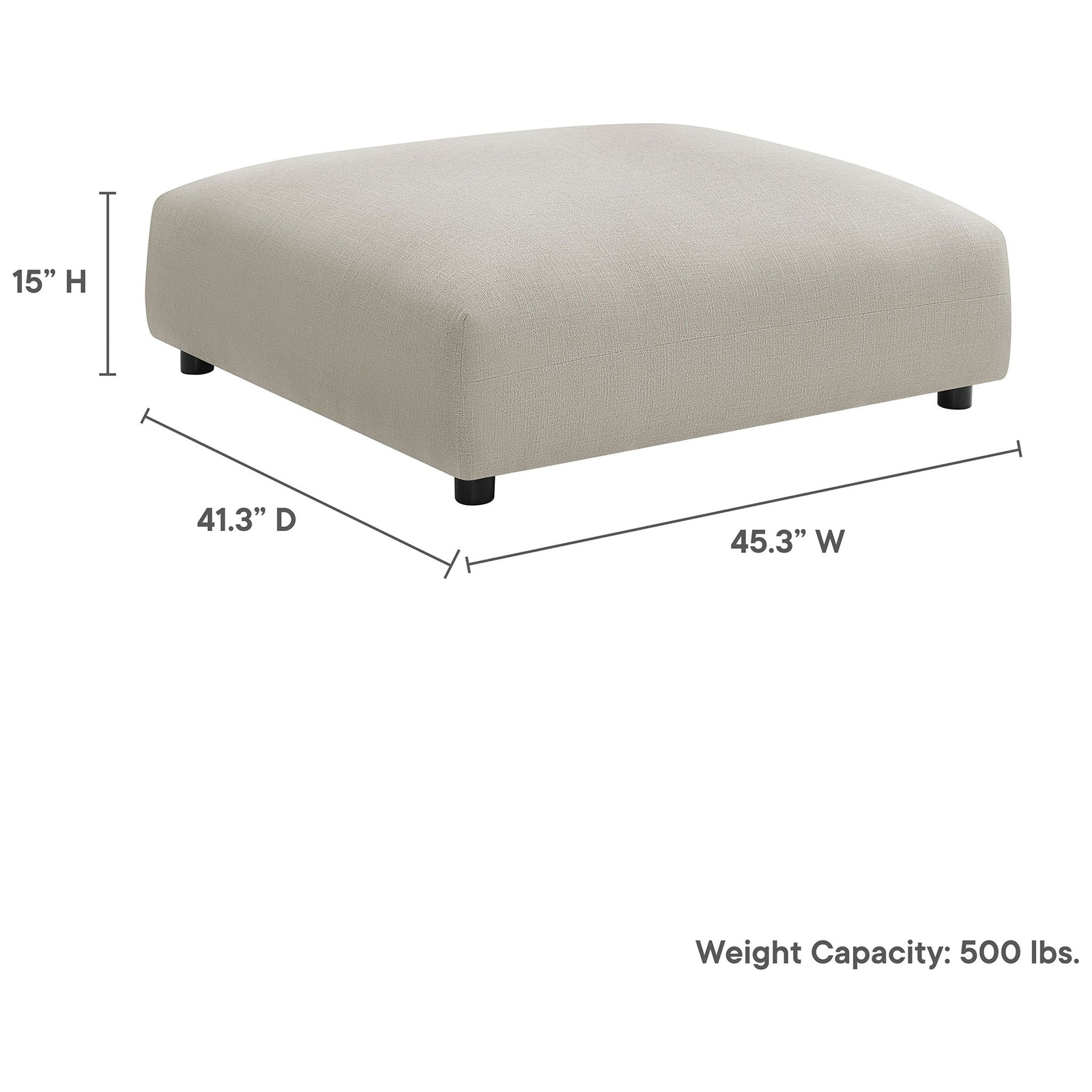 Generously scaled linen ottoman with 45.3 by 41.3 inch surface, 15 inch height, and sturdy 500 pound weight capacity || EEI-6889-LIN || dimension_studio