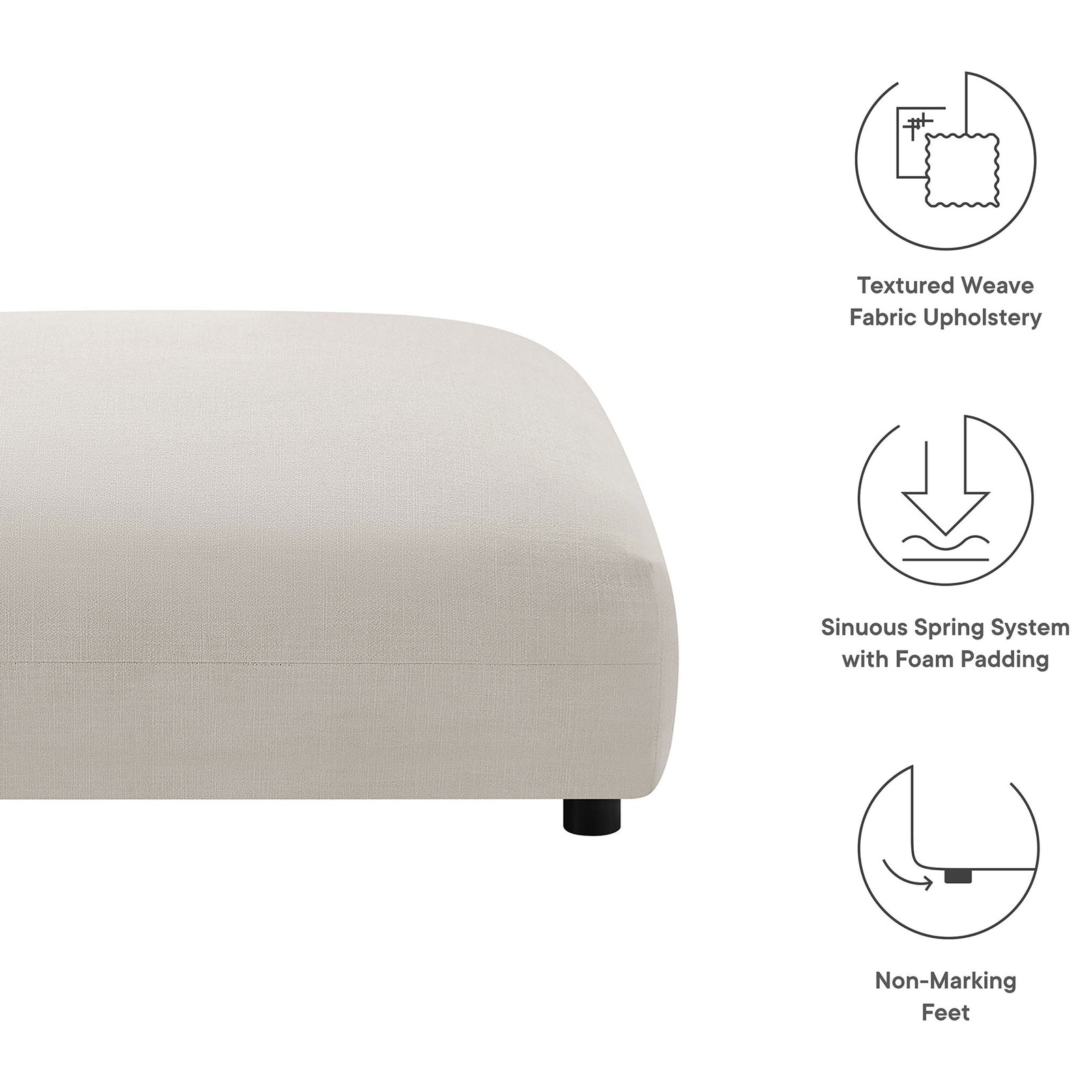 Salt fabric ottoman with icons calling out its textured upholstery, spring support, and non-marking feet || EEI-6889-SAL || callout_studio