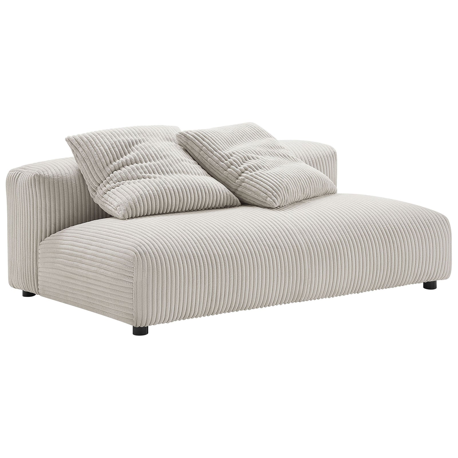 Plush almond corduroy armless loveseat with two matching pillows || EEI-6890-ALM || front_angle_studio