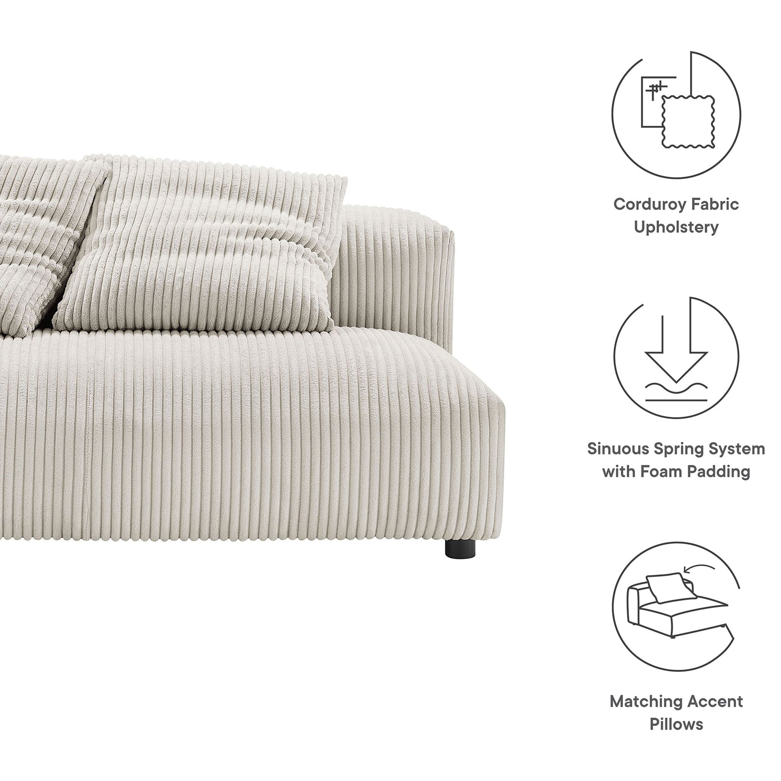 Almond corduroy loveseat highlighting fabric, spring support, and matching pillows || EEI-6890-ALM || callout_studio