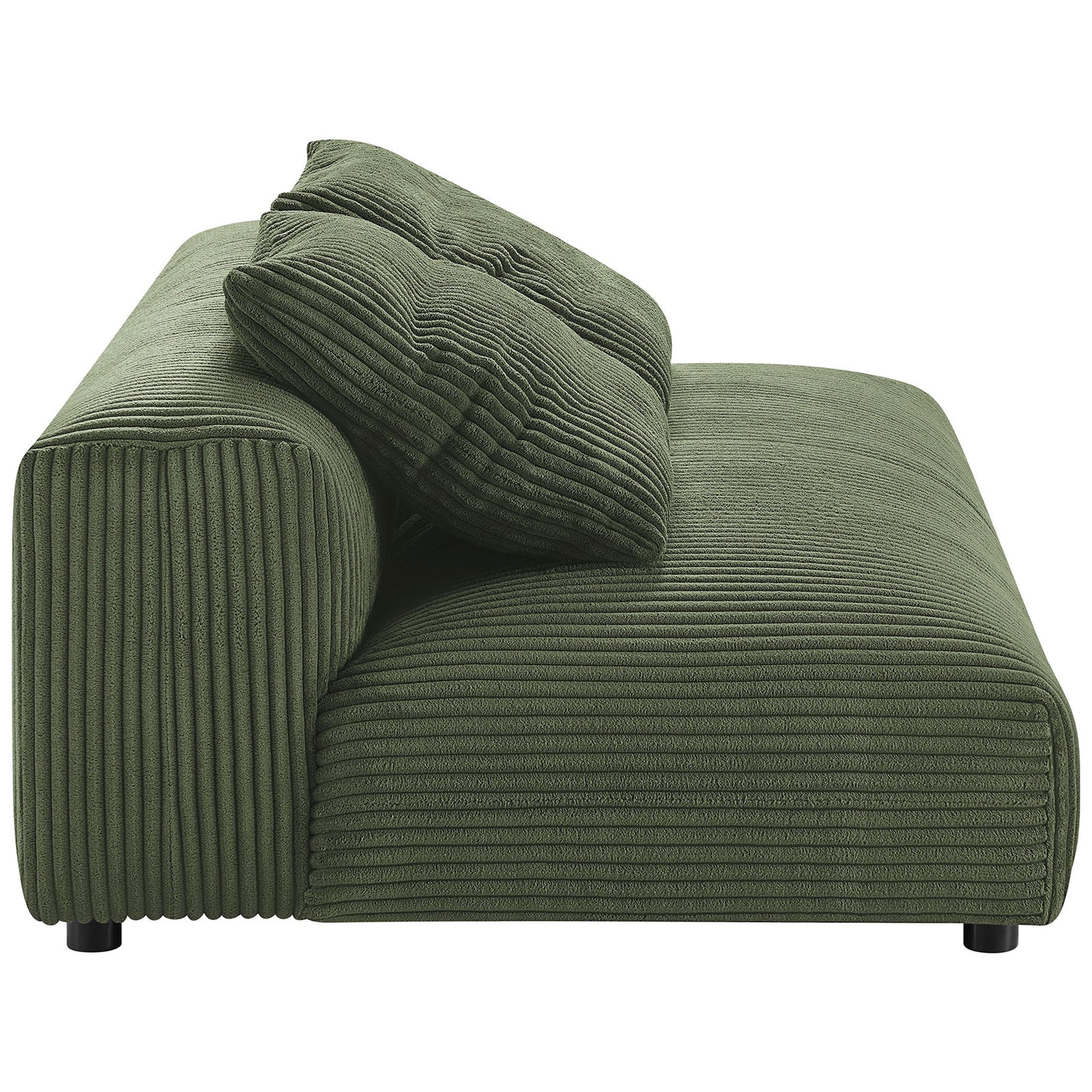 Sculpted corduroy loveseat silhouette showcasing rounded arm, deep seat, and textured fern upholstery || EEI-6890-FRN || side_studio