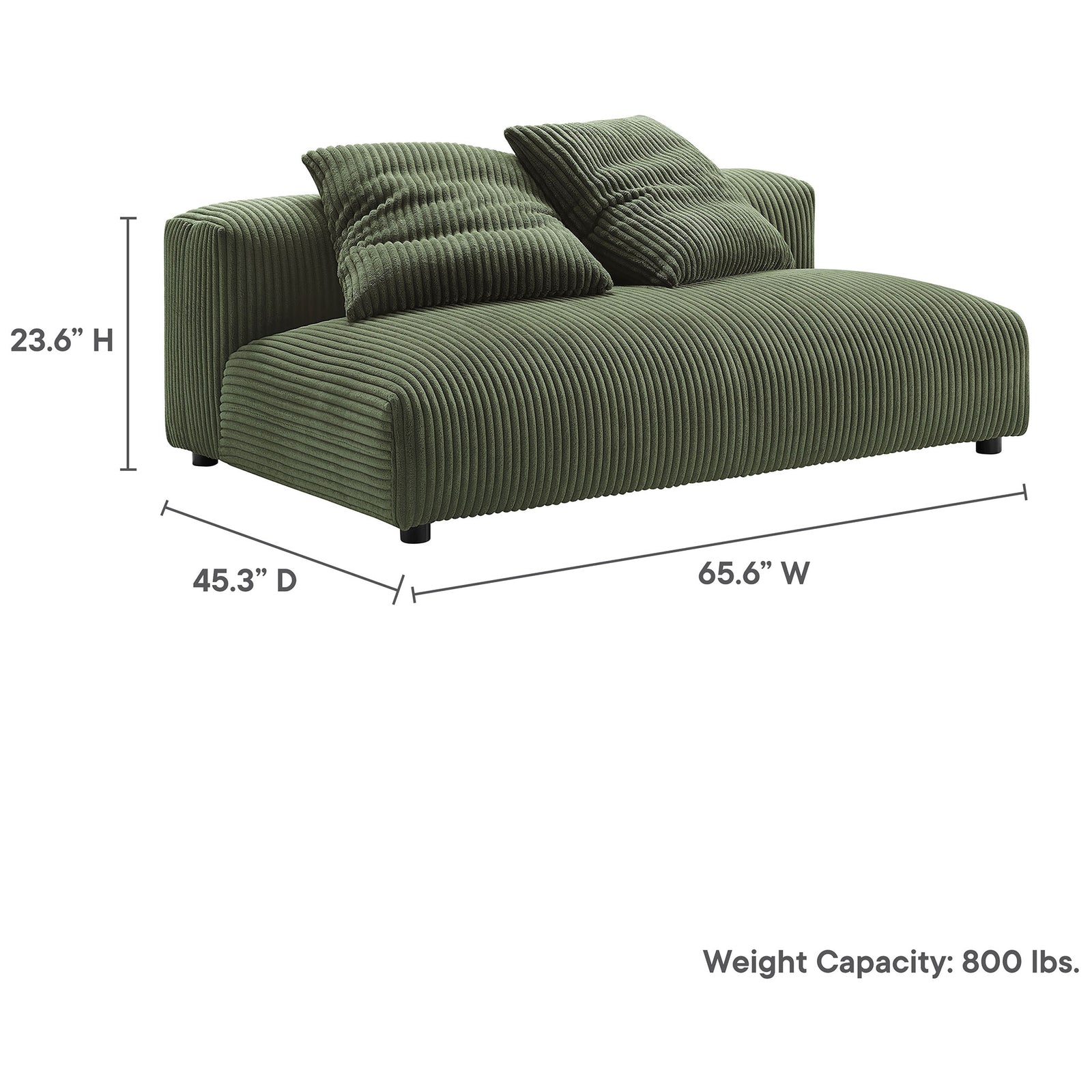 Dimension graphic showing loveseat width, depth, height, and impressive 800 pound weight capacity || EEI-6890-FRN || dimension_studio