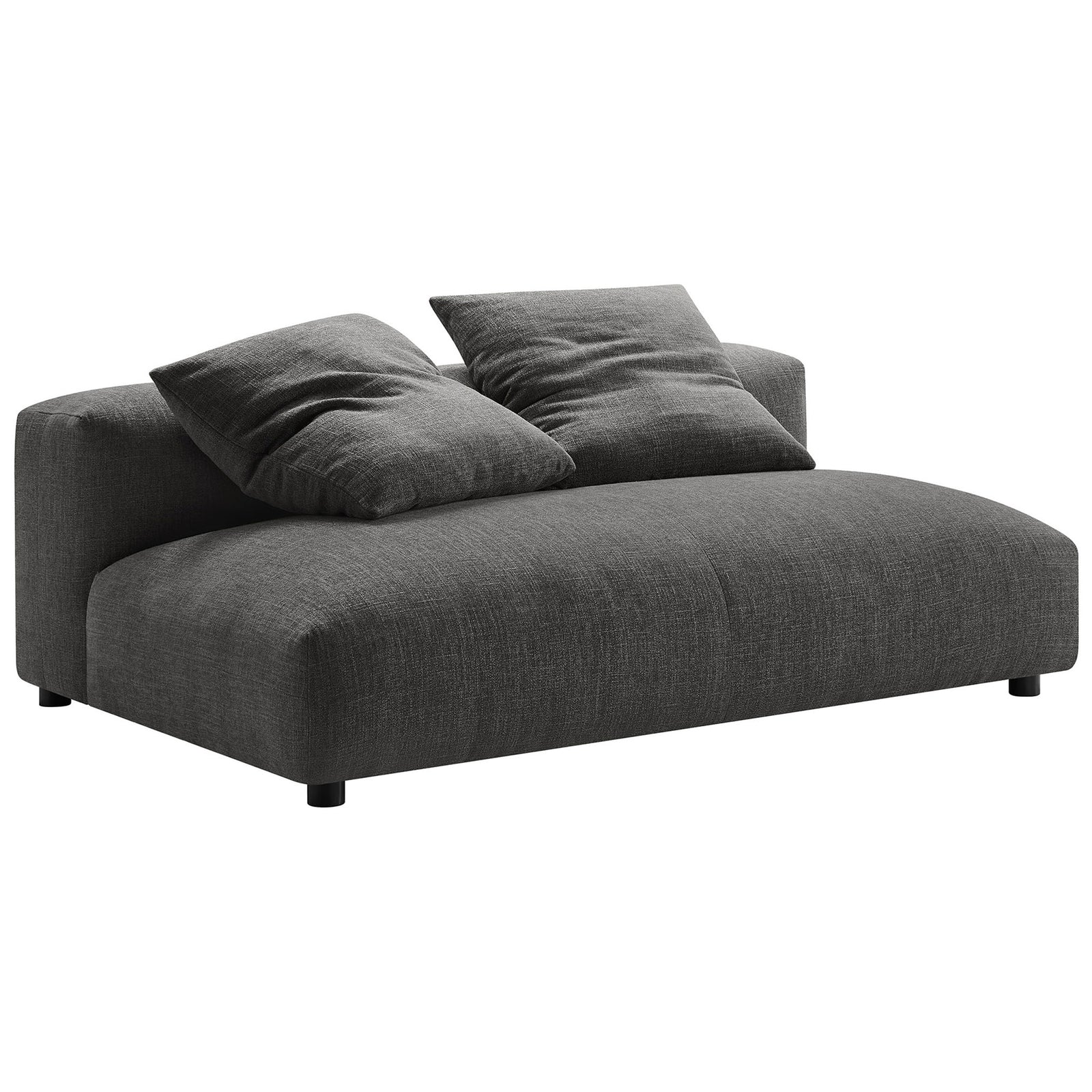 Charcoal modular armless loveseat with deep, low-profile seat and two relaxed accent pillows. || EEI-6891-CHA || front_angle_studio