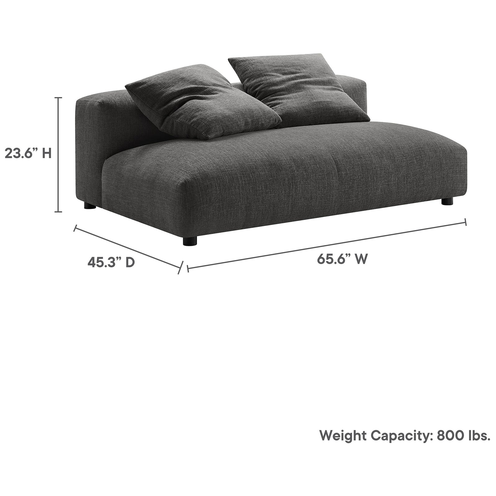 Charcoal armless loveseat with dimensions and 800 lb weight capacity labeled for easy planning. || EEI-6891-CHA || dimension_studio