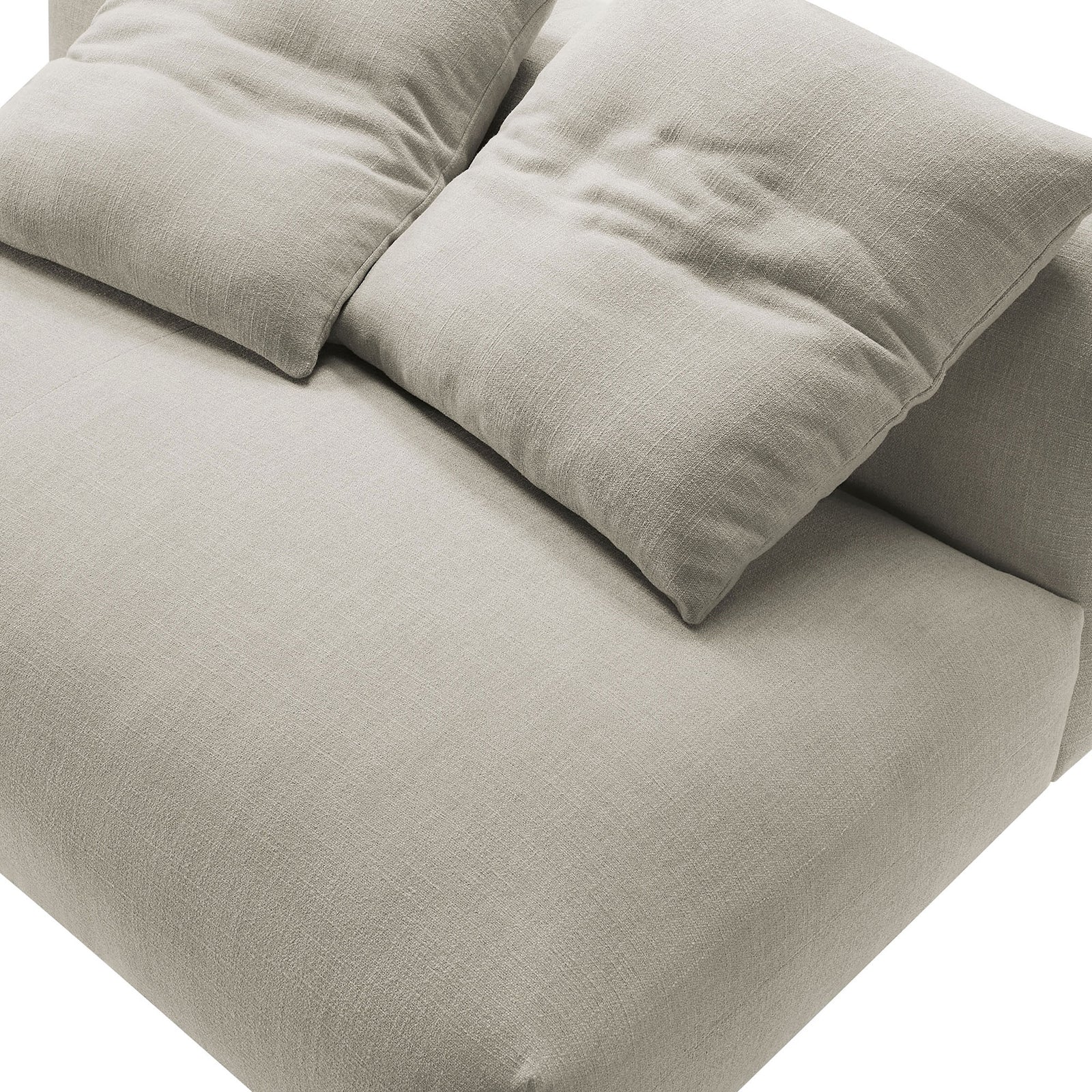 Soft textured weave fabric and overstuffed pillows invite cozy lounging on this modular armless loveseat || EEI-6891-LIN || detail_studio