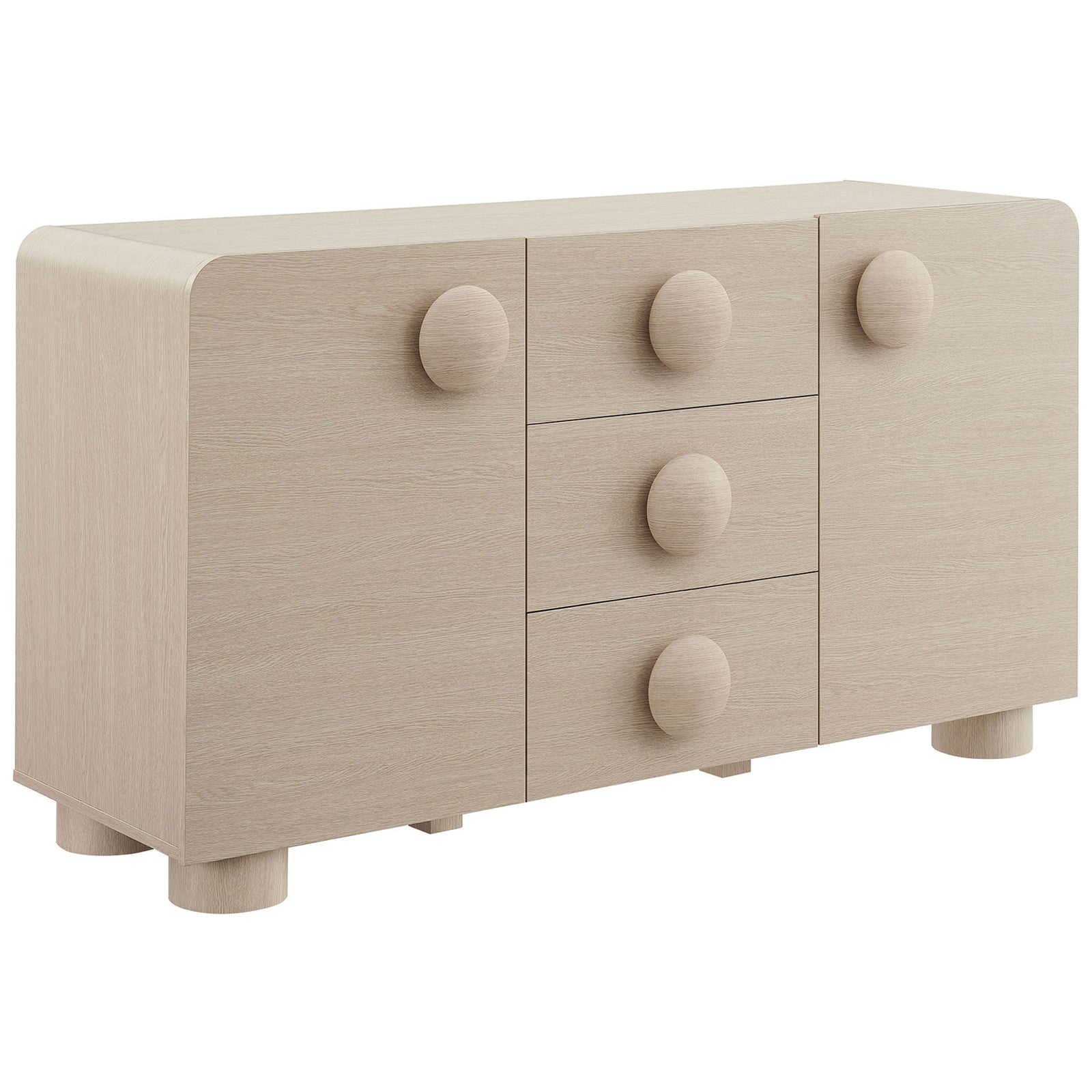 Curved Sonnet sideboard in ash finish featuring playful oversized round pulls and sturdy cylindrical legs. || EEI-6892-ASH || front_angle_studio