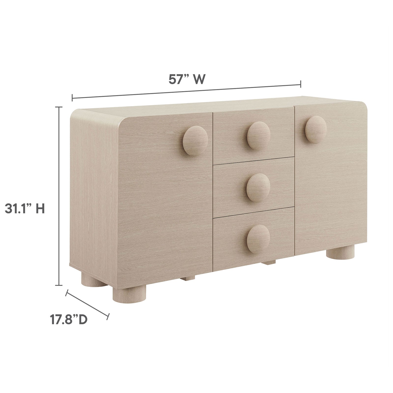 Dimension diagram of the Sonnet sideboard showing its 57 inch width, 17.8 inch depth, and 31.1 inch height. || EEI-6892-ASH || dimension_studio