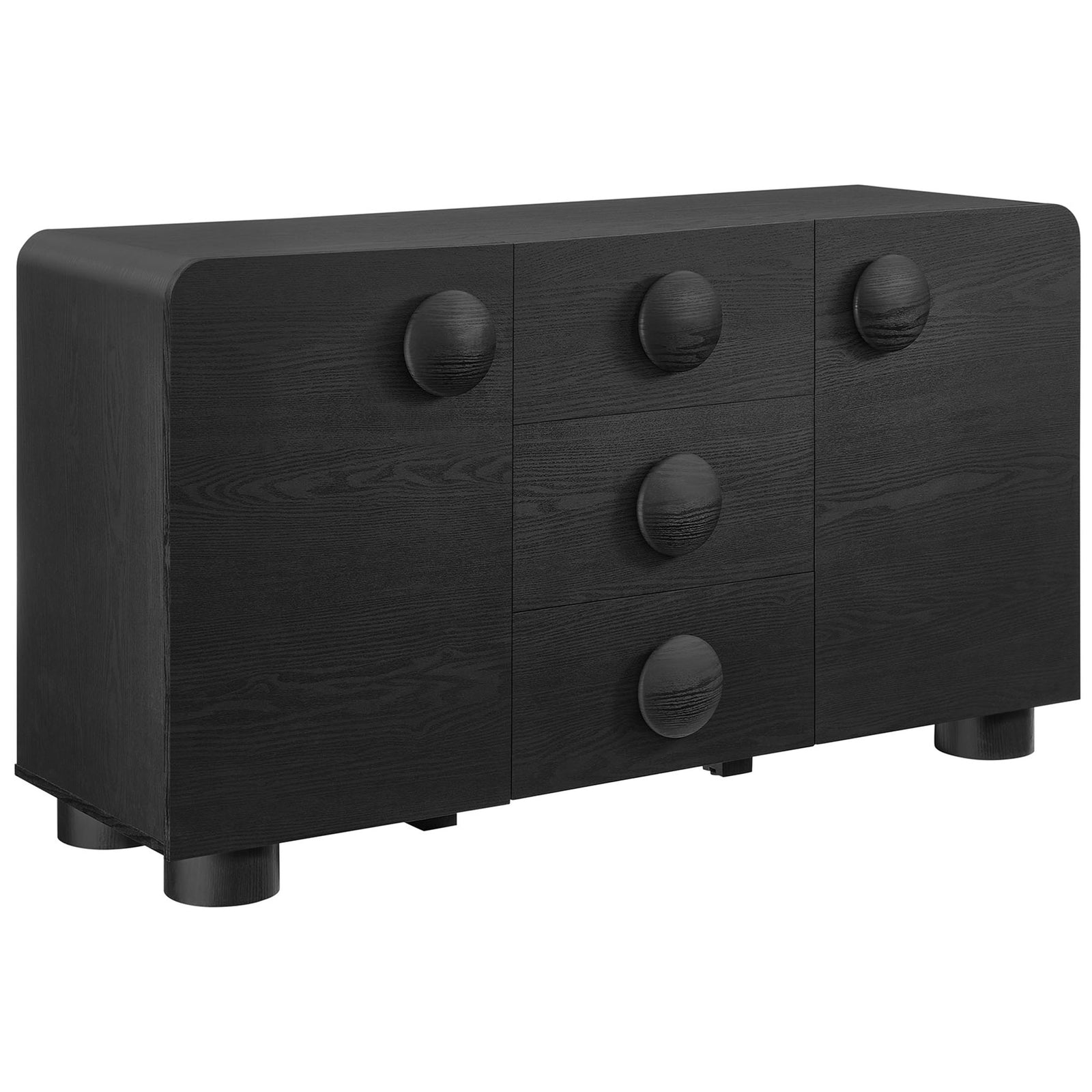Black Sonnet sideboard with curved corners and bold circular drawer pulls on rounded block legs || EEI-6892-BLK || front_angle_studio