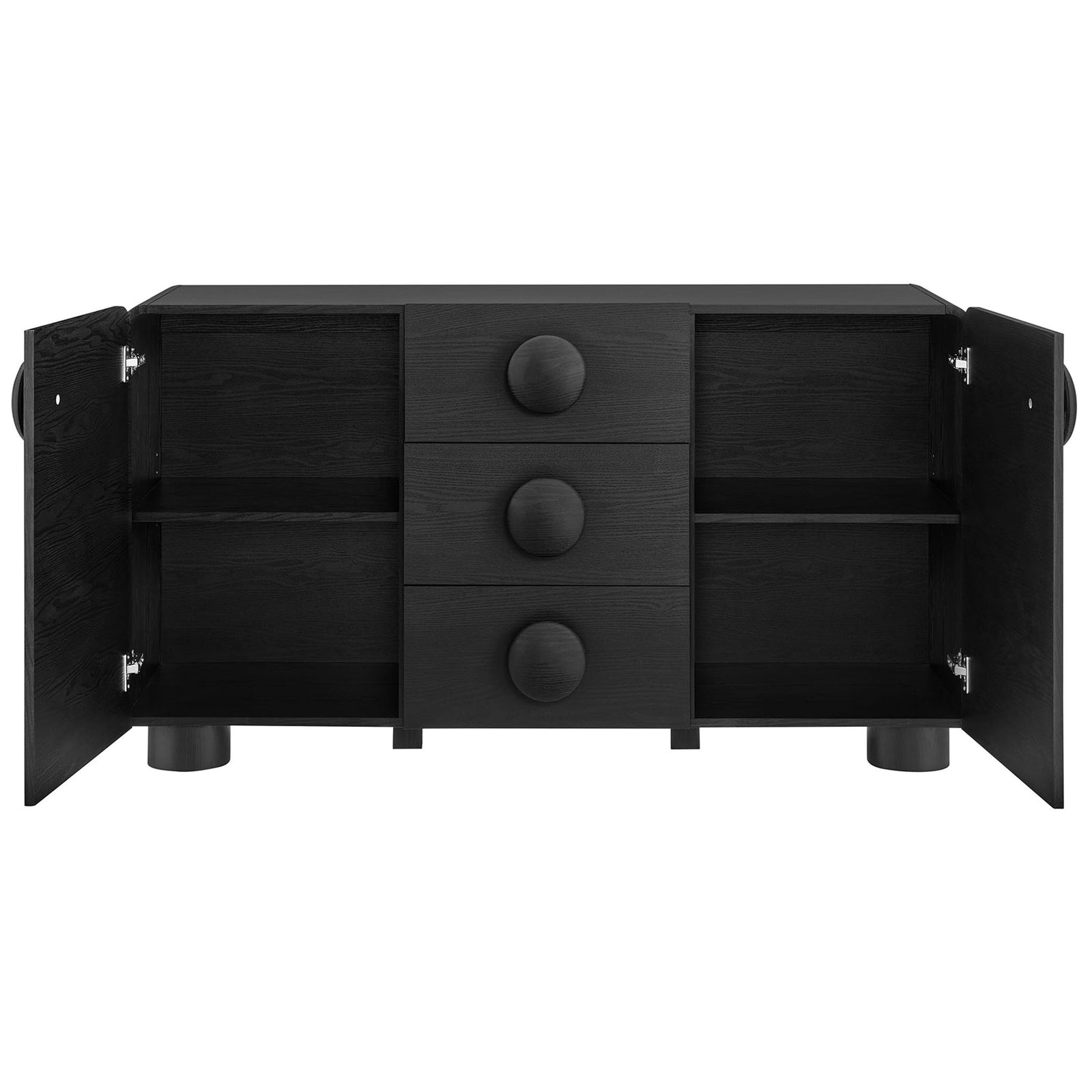 Black Sonnet sideboard with both cabinet doors open, revealing adjustable interior shelves for concealed storage || EEI-6892-BLK || front_open_studio