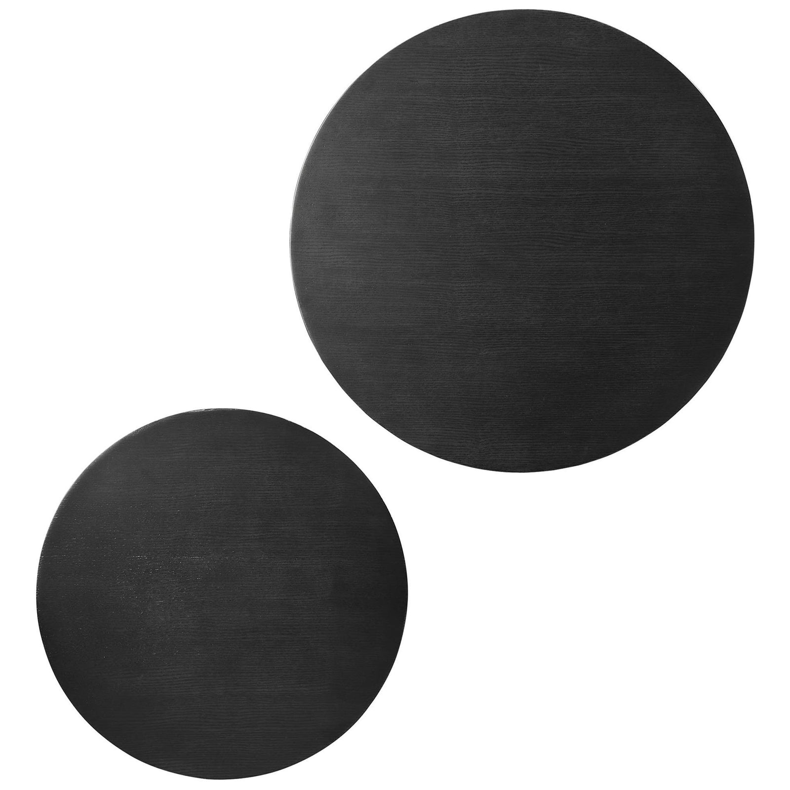 Two round black tabletops highlight the refined ash wood veneer and generous surface space || EEI-6893-BLK || top_studio