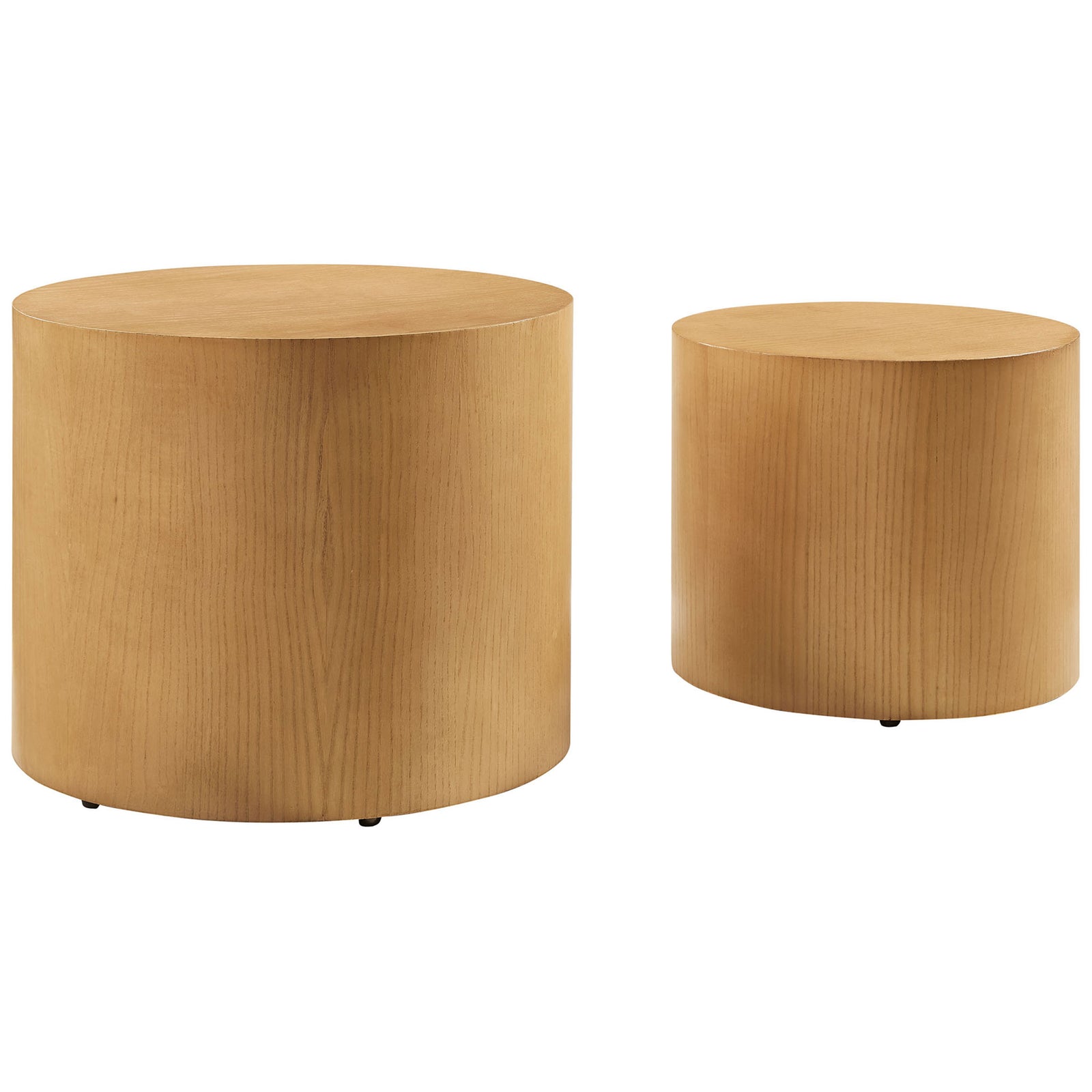 Natural ash veneer drum tables with smooth rounded profiles for versatile, space-saving style || EEI-6893-NAT || front_studio