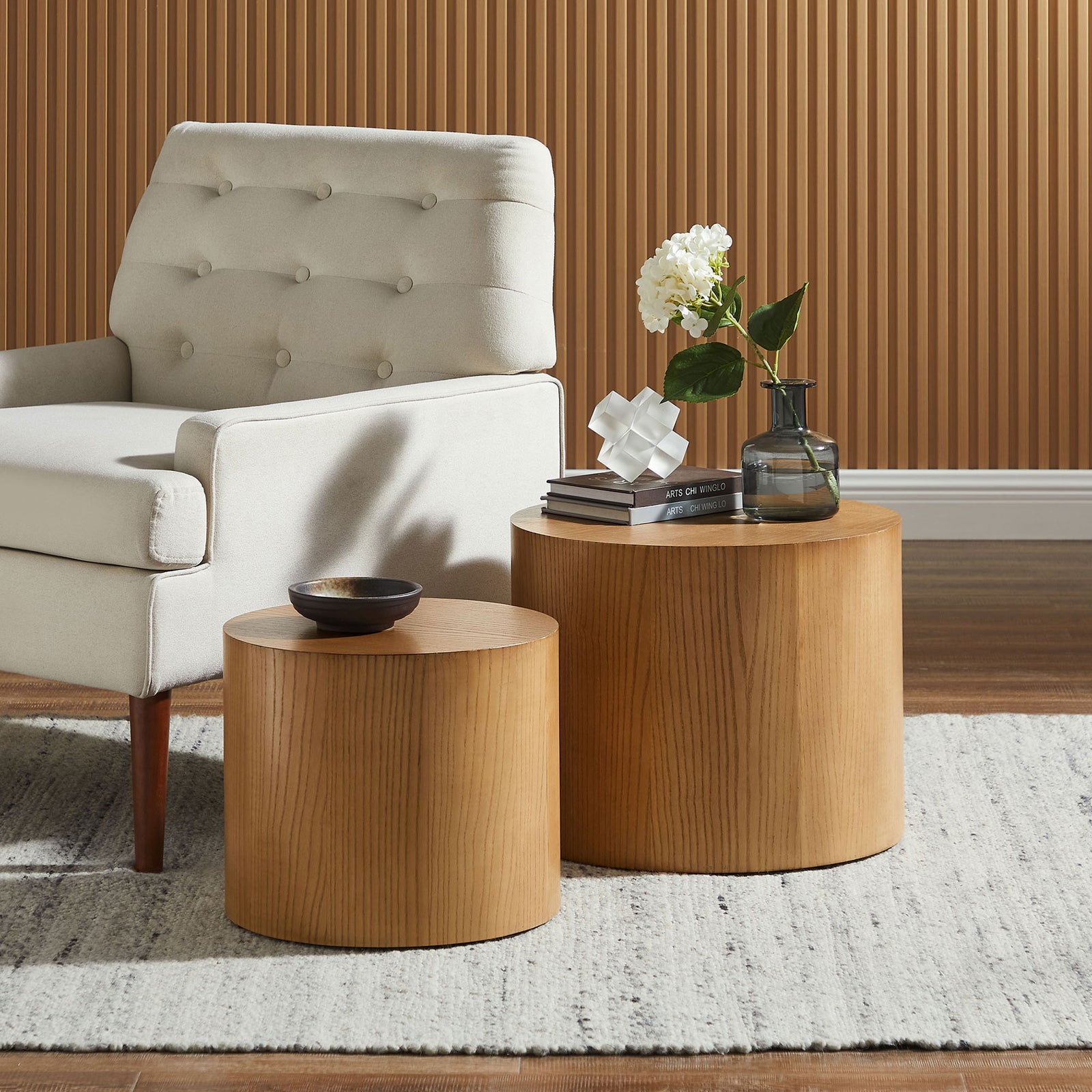 Compact nesting duo offers flexible surface space beside your favorite chair or sofa || EEI-6893-NAT || front_angle_room