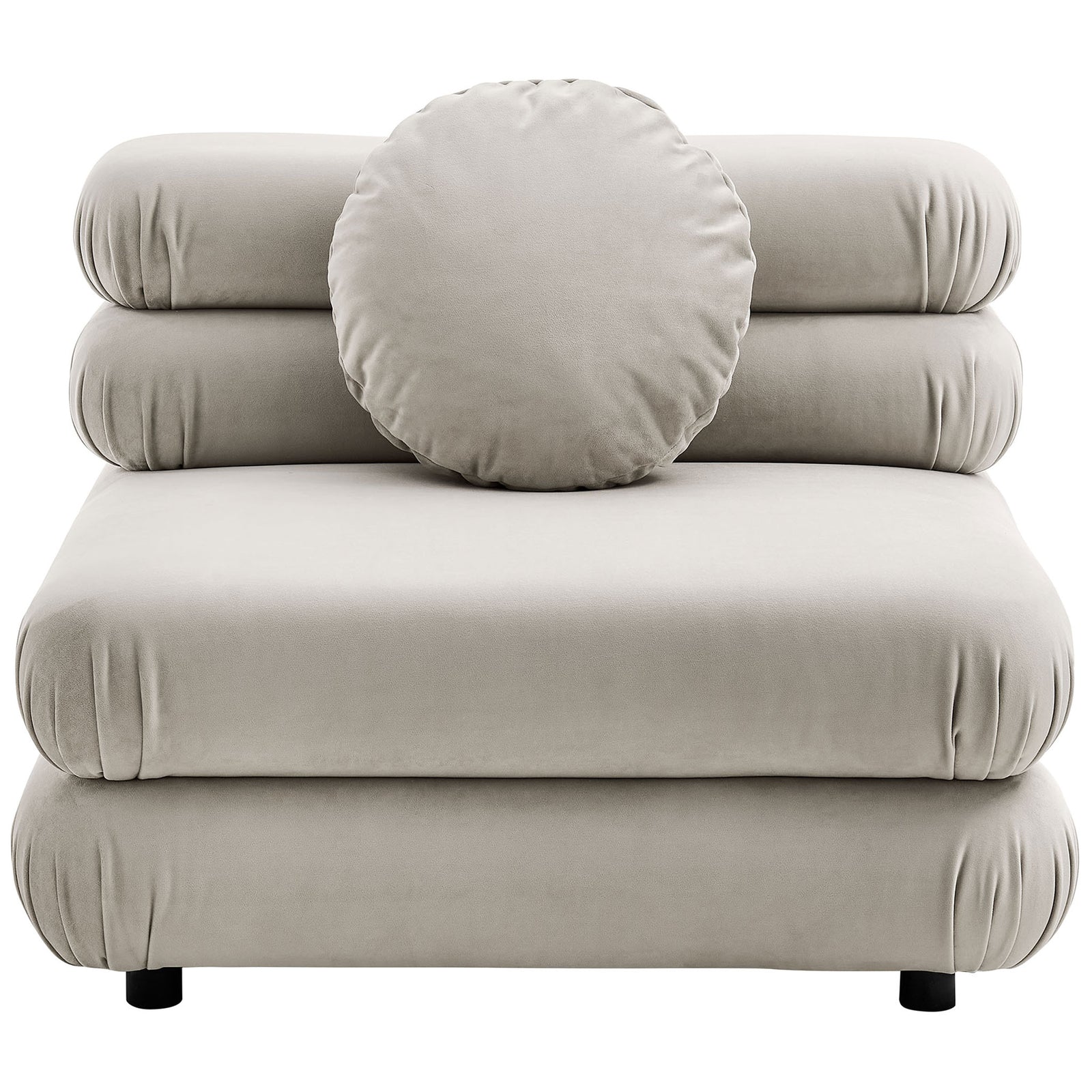 Plush armless chair in almond performance velvet with layered tufted cushions and matching round pillow || EEI-6896-ALM || front_studio