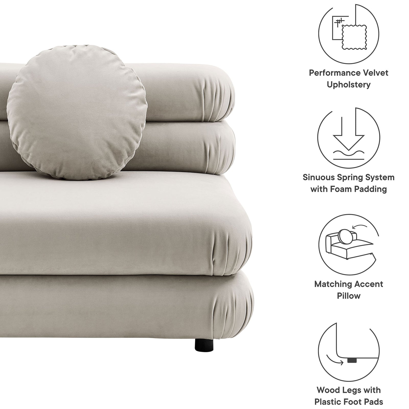 Performance velvet, spring support, and matching round pillow deliver comfort and durability || EEI-6896-ALM || callout_studio
