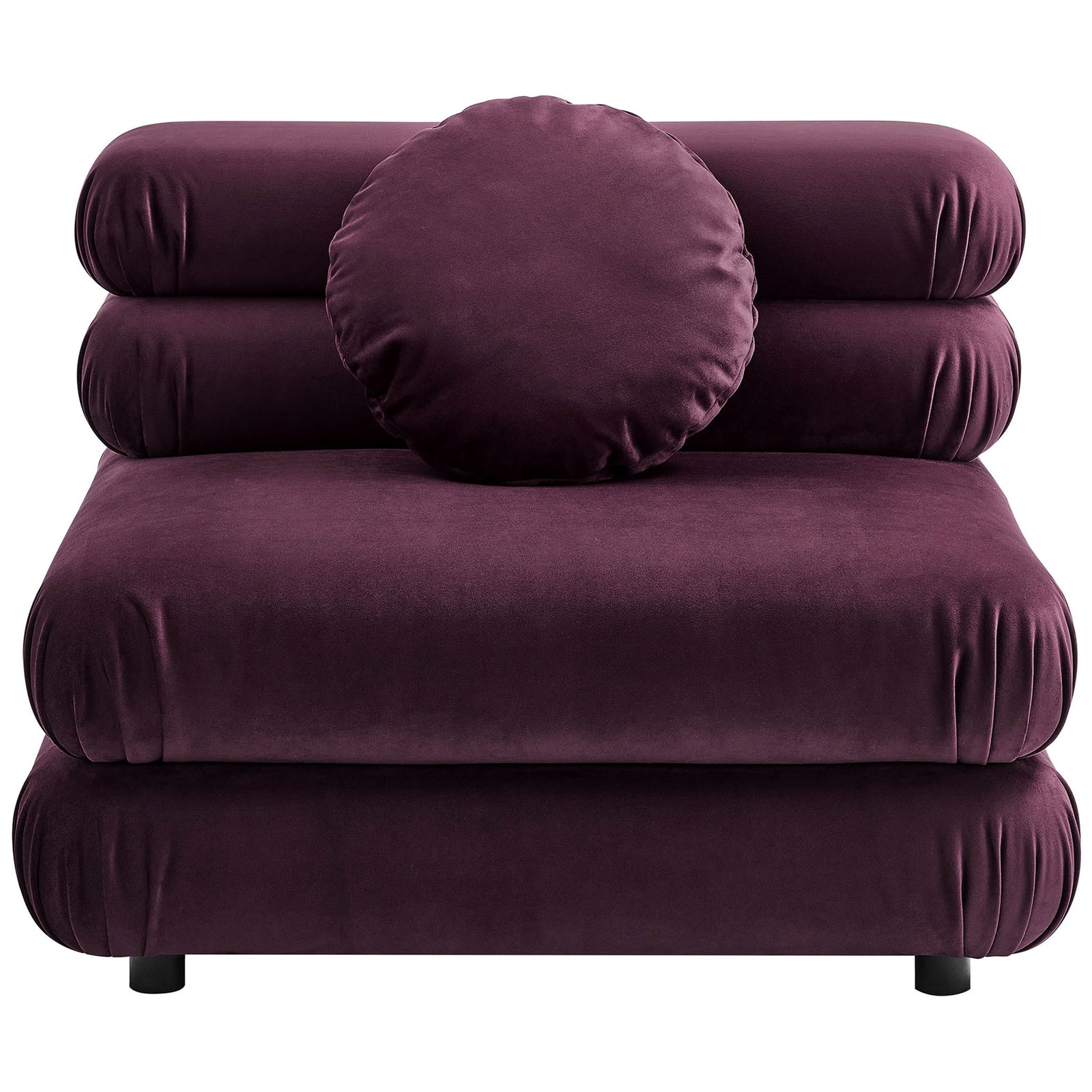 Armless modular chair in rich mulberry velvet with layered tufted cushions and matching round pillow || EEI-6896-MUL || front_studio