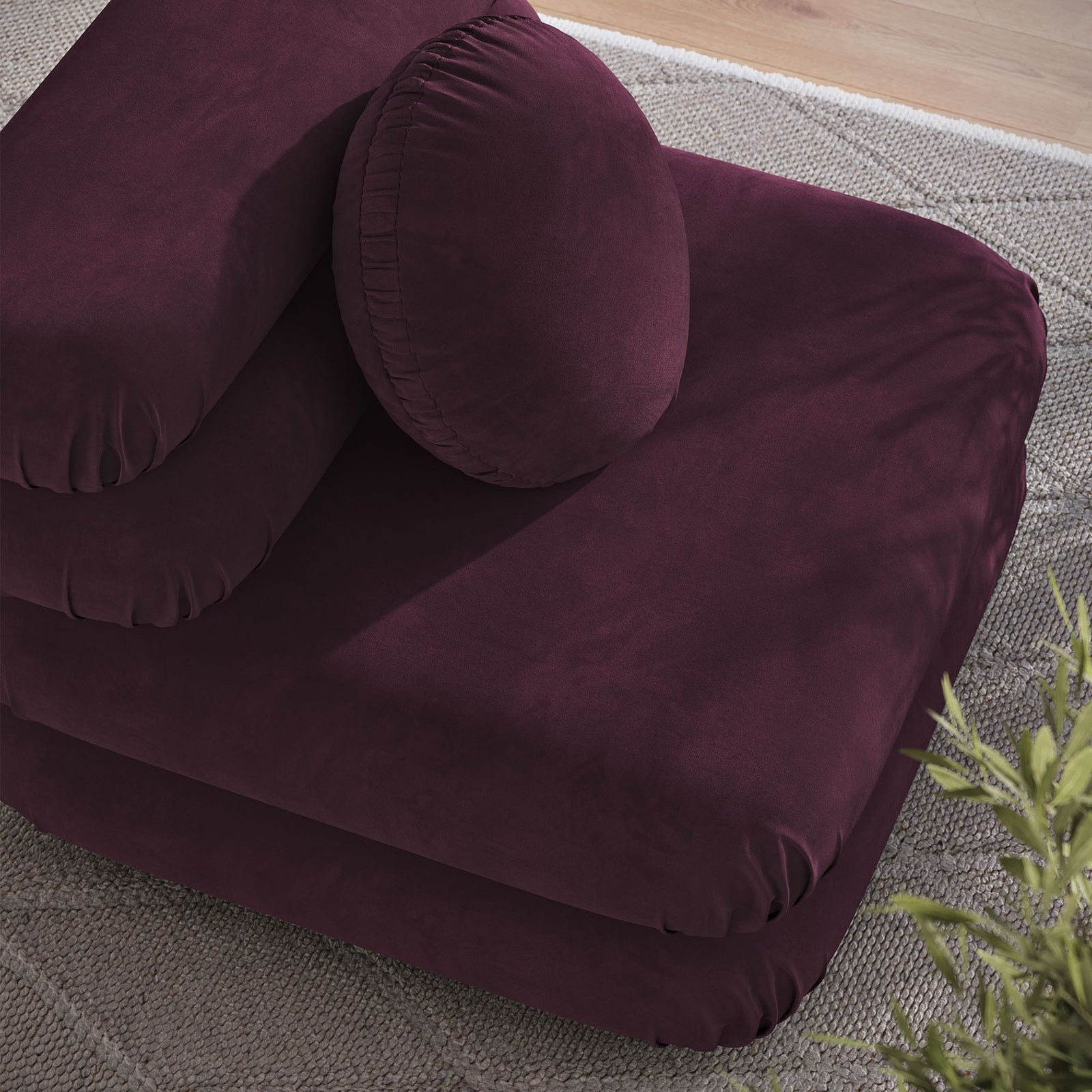 Rounded layers with a plush seat and round pillow in rich mulberry velvet || EEI-6896-MUL || detail_room