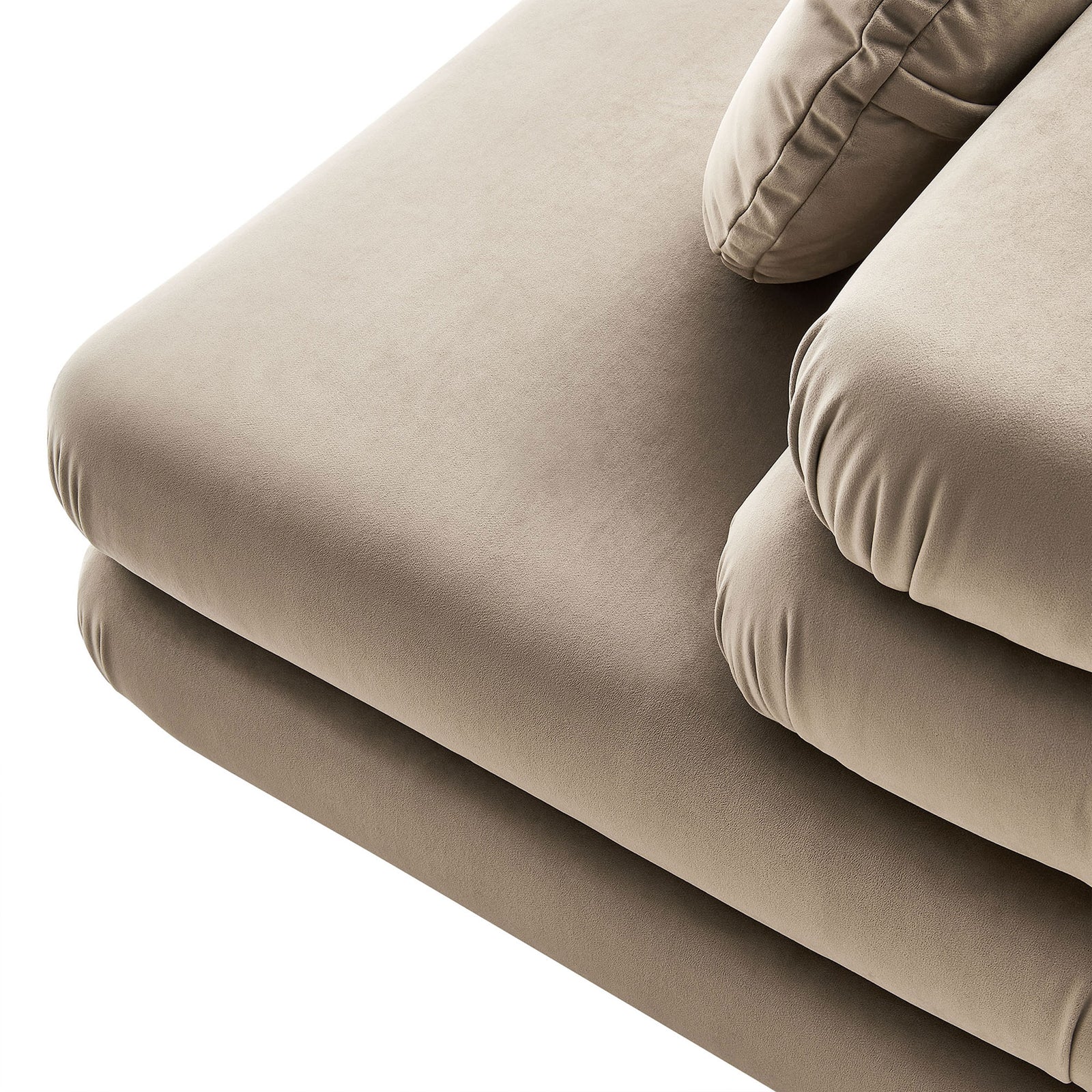 Smooth performance velvet with dense foam padding and tailored ruching at the seams. || EEI-6896-TAU || detail_studio