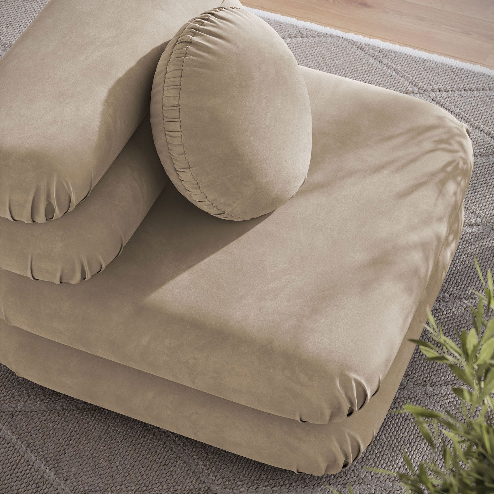 Velvety texture and rounded tufting add dimension, complemented by the 18 in round pillow. || EEI-6896-TAU || detail_room