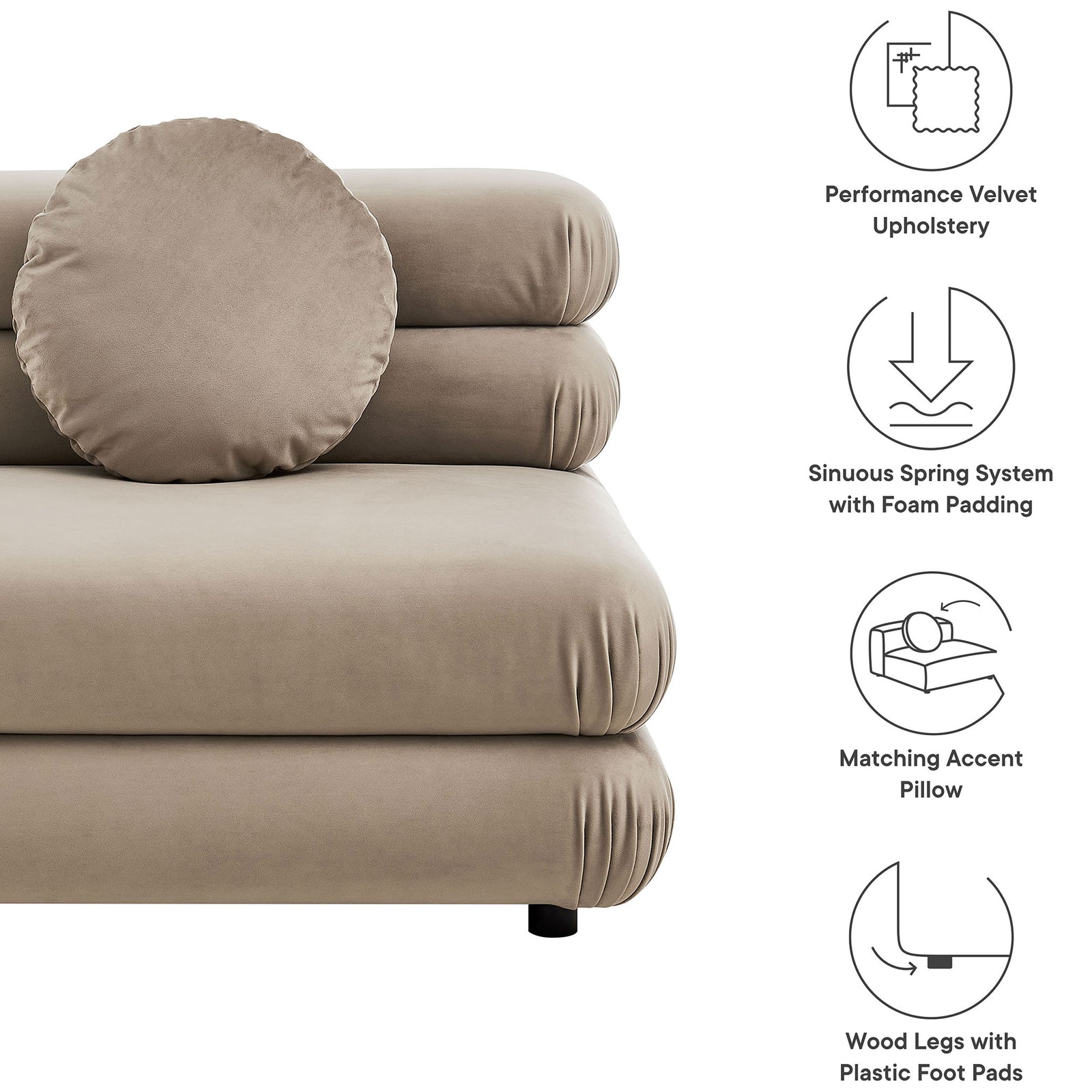 Performance velvet upholstery, sinuous spring support, matching round pillow, and protective feet. || EEI-6896-TAU || callout_studio