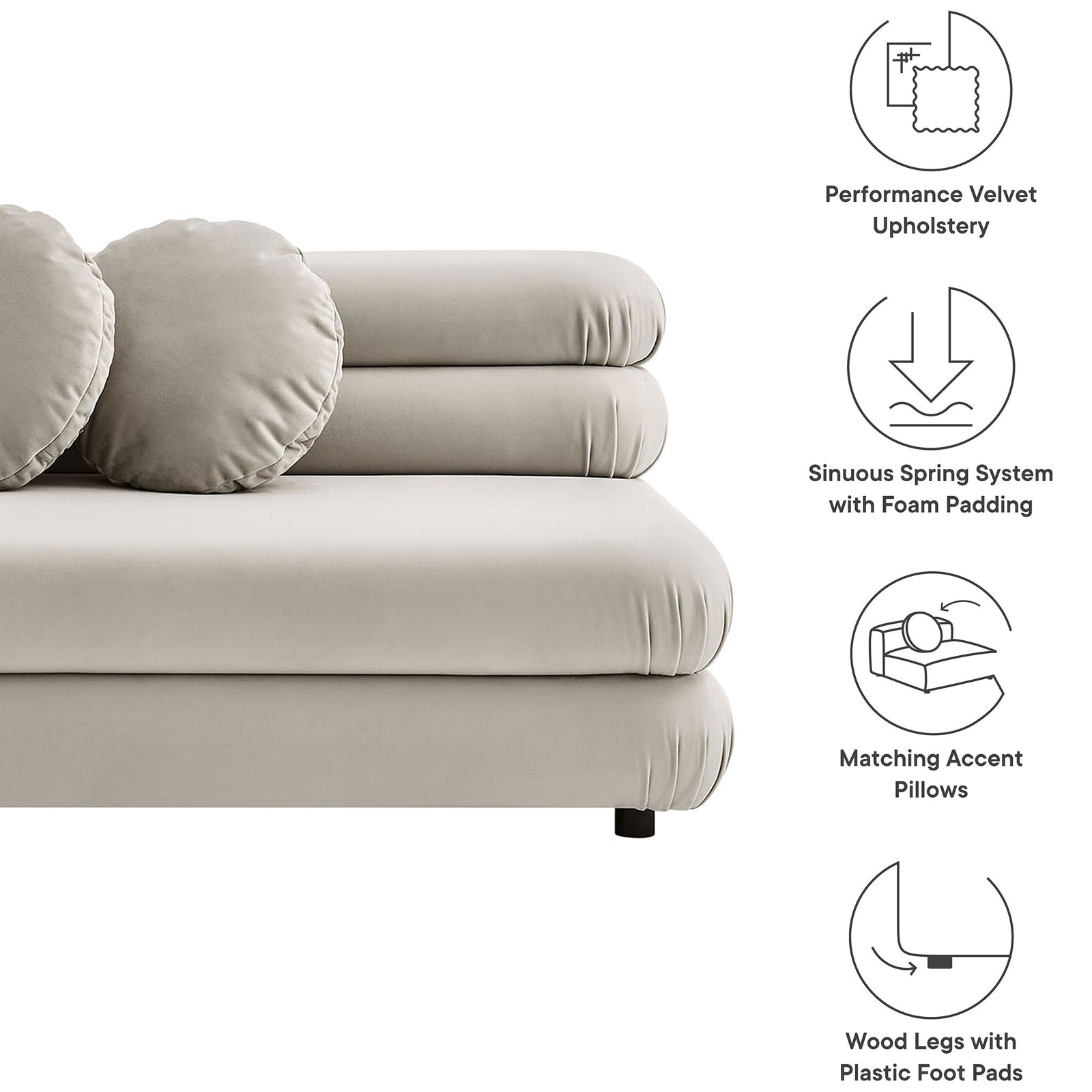 Key features of the Jubilee almond velvet loveseat: performance upholstery, spring support, accent pillows, feet || EEI-6897-ALM || callout_studio