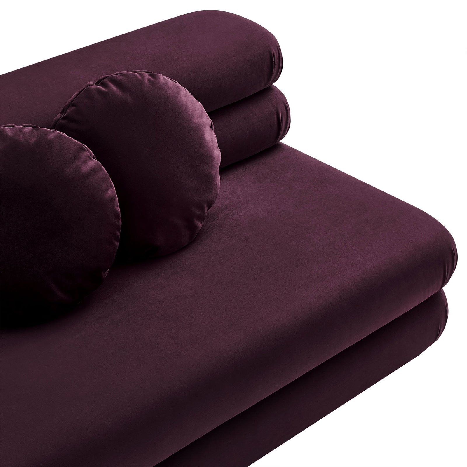 Mulberry performance velvet upholstery with generous seat surface and two matching round pillows || EEI-6897-MUL || detail_studio