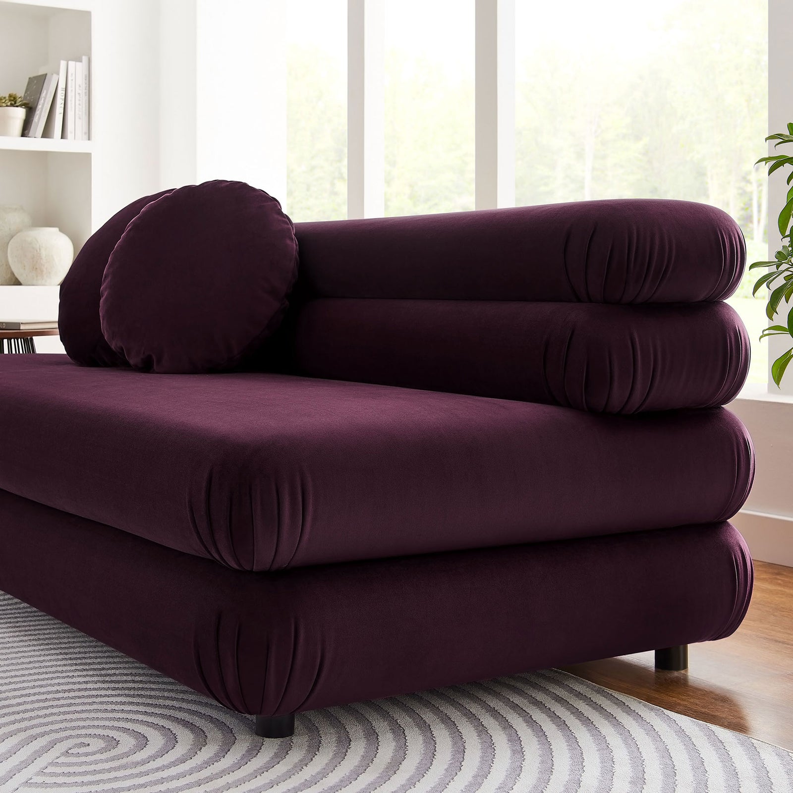 Mulberry velvet loveseat styled in modern living room with round pillow and sculpted layered profile || EEI-6897-MUL || detail_room