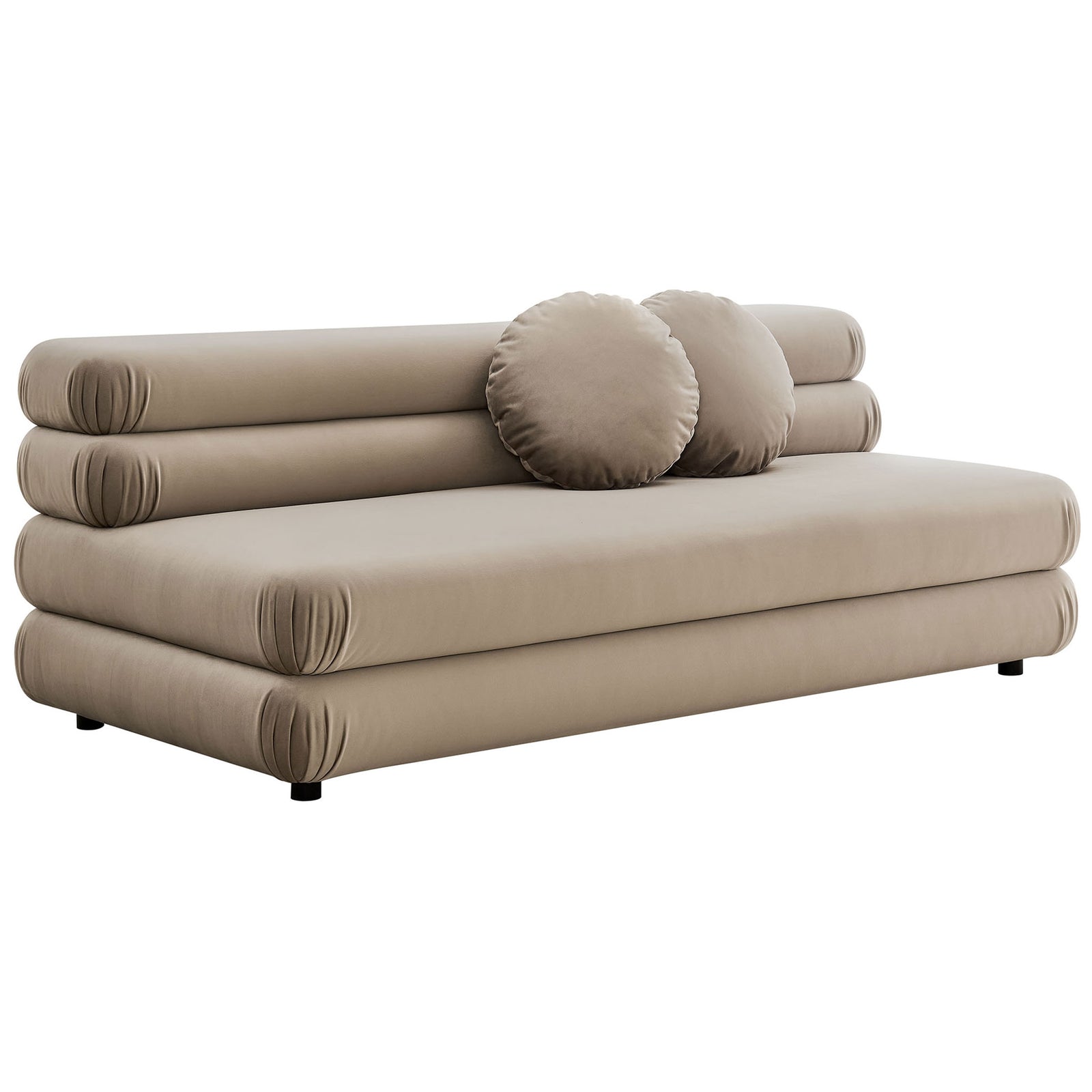 Low-profile modular loveseat with plush stacked cushions in soft taupe performance velvet || EEI-6897-TAU || front_angle_studio