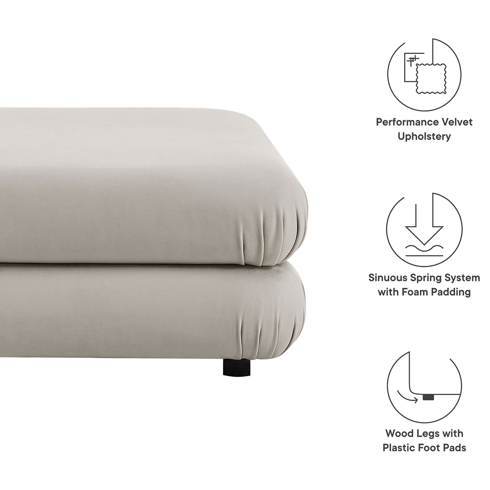 Ottoman detail emphasizing performance velvet upholstery spring support and protective foot pads || EEI-6899-ALM || callout_studio