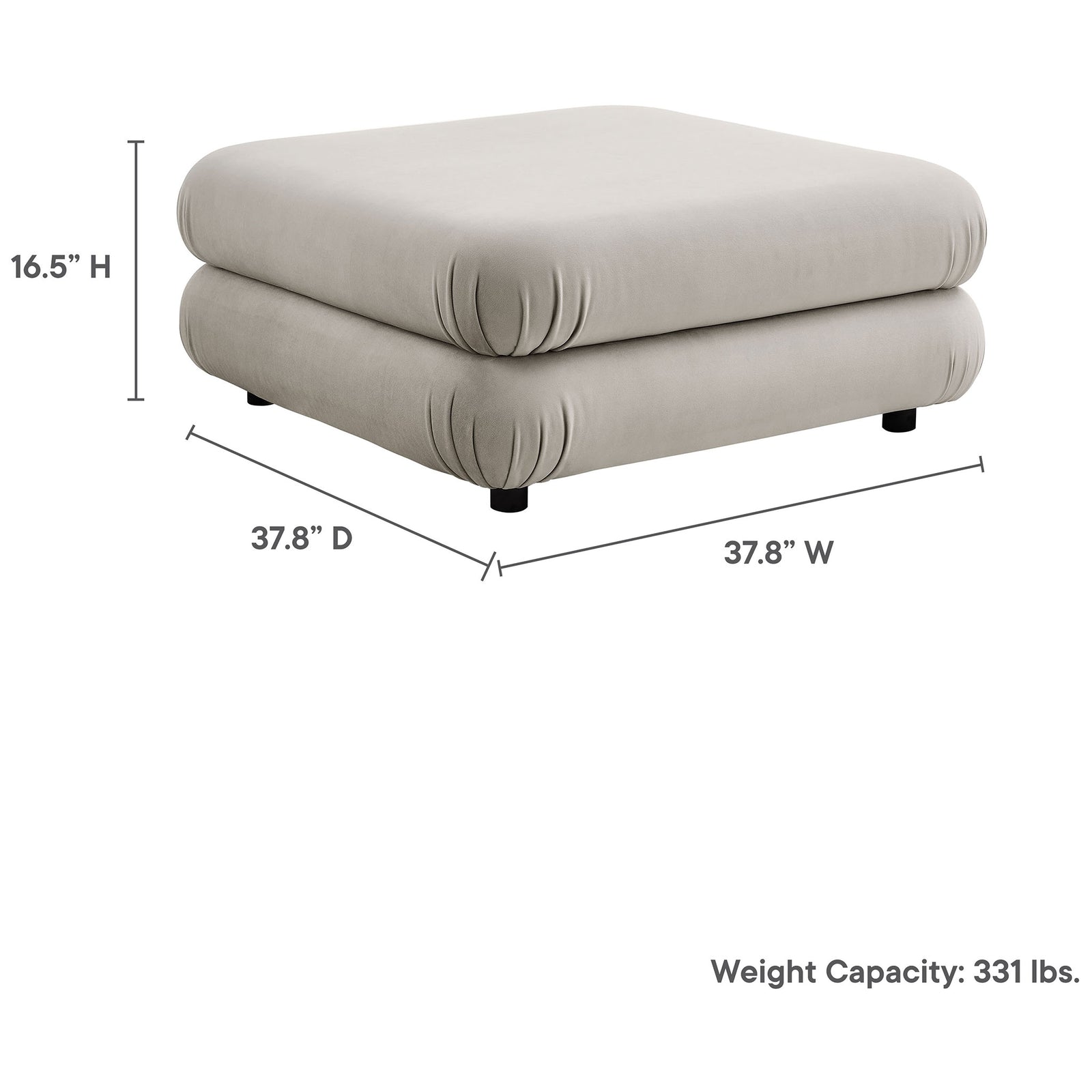 Dimension graphic of the almond velvet ottoman with height width depth and weight capacity || EEI-6899-ALM || dimension_studio