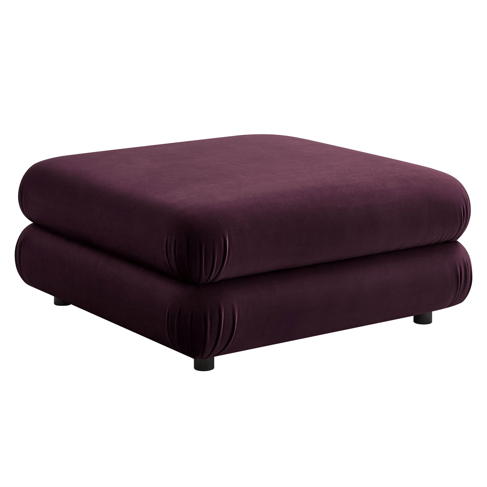 Plush mulberry velvet ottoman with rounded corners and a double-stacked cushion profile for modern comfort || EEI-6899-MUL || front_angle_studio