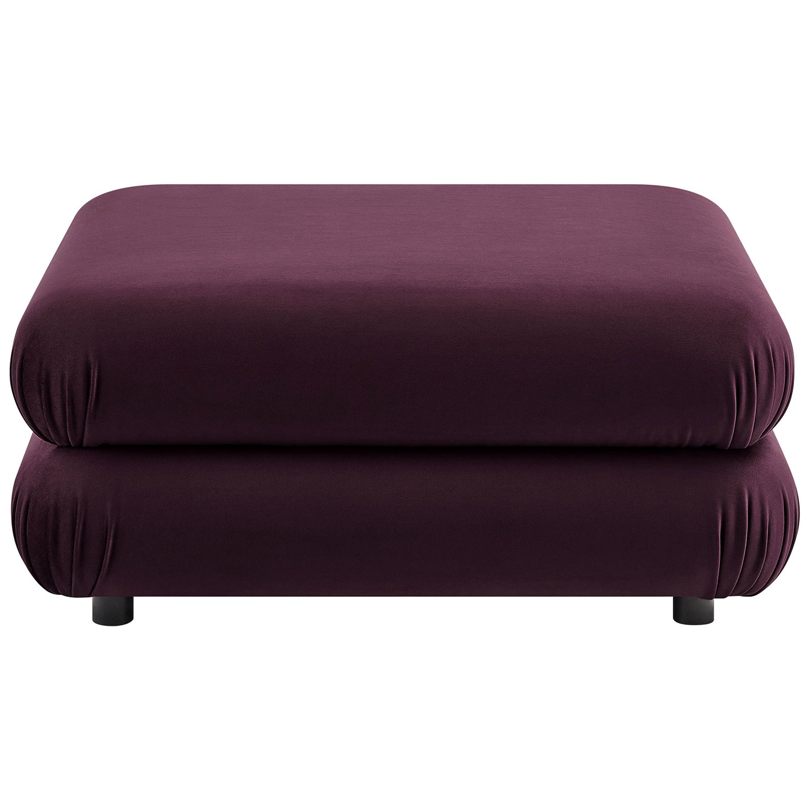 Low-profile mulberry velvet ottoman showcasing its thick, cushioned seat and smooth, tailored upholstery || EEI-6899-MUL || front_studio