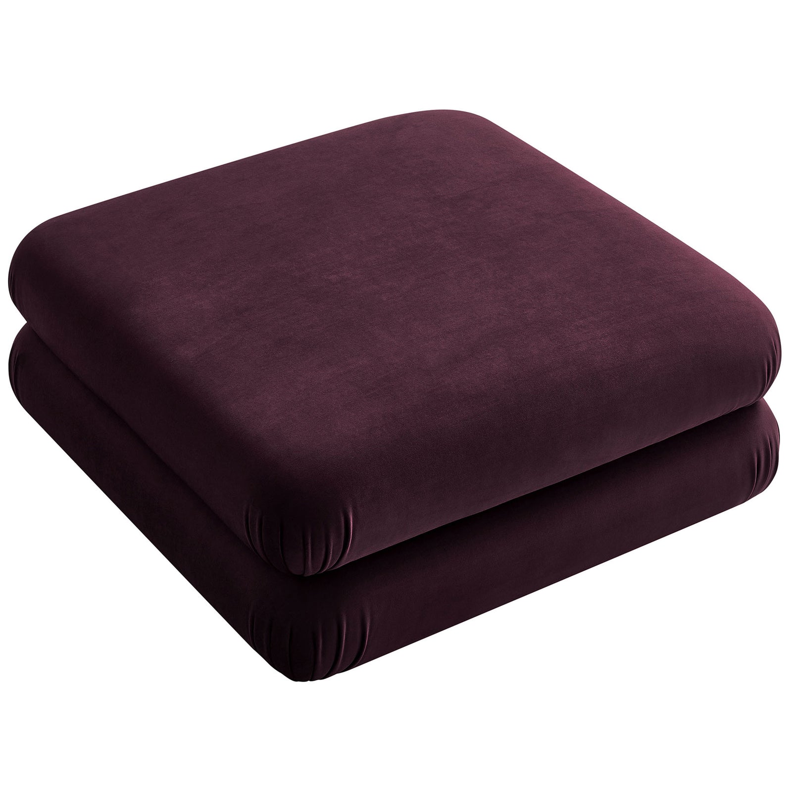 Oversized square ottoman in rich mulberry velvet, offering a generous cushioned surface for lounging or serving || EEI-6899-MUL || top_studio