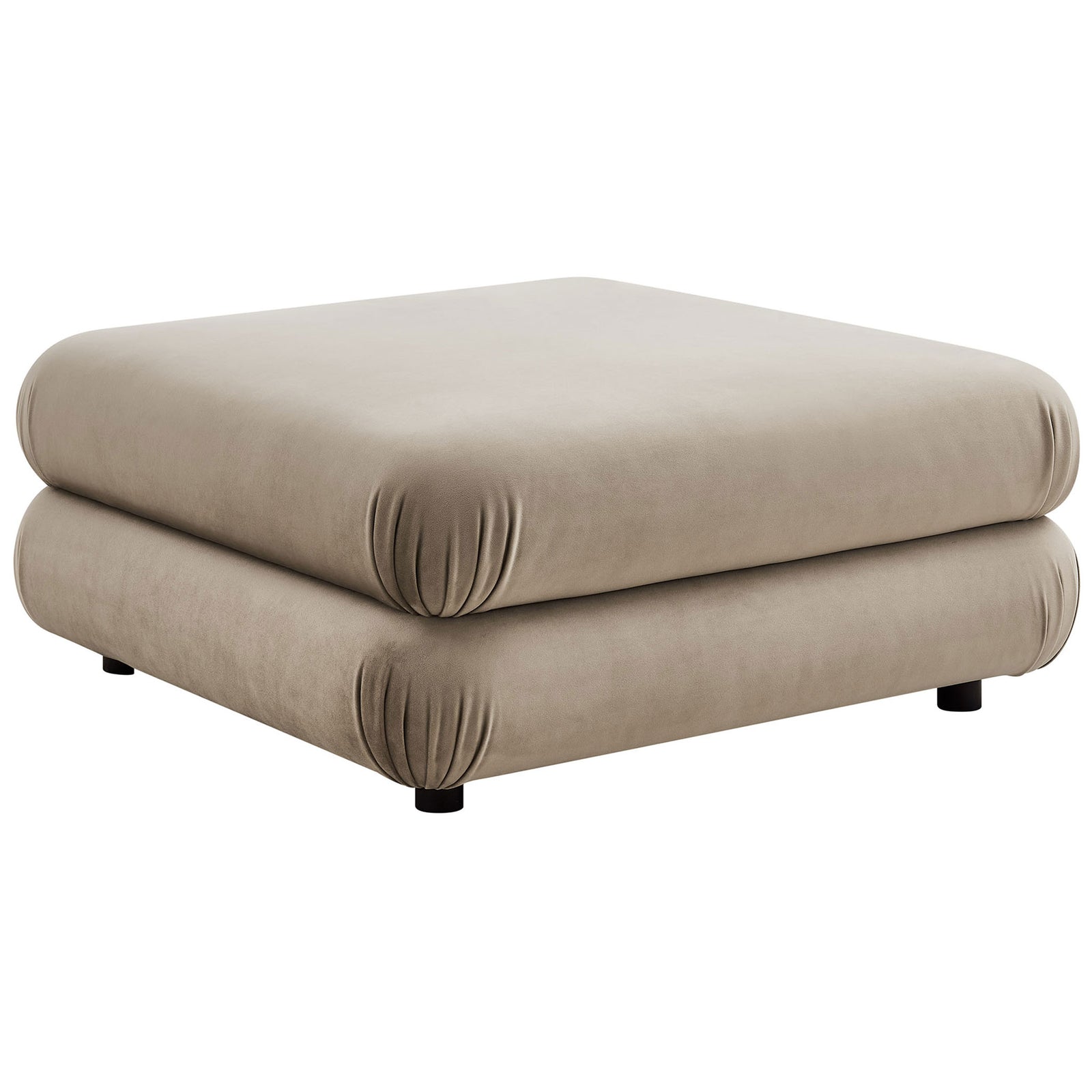 Taupe velvet ottoman with plush double-stacked profile and softly rounded corners || EEI-6899-TAU || front_angle_studio