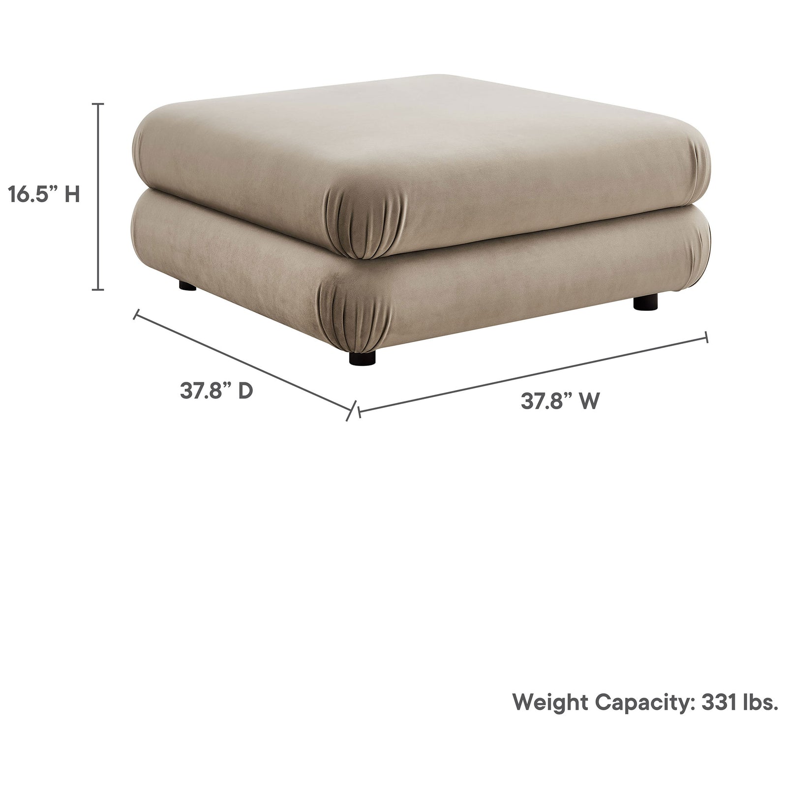 Dimensional view of square ottoman detailing overall width, depth, height, and generous weight capacity || EEI-6899-TAU || dimension_studio