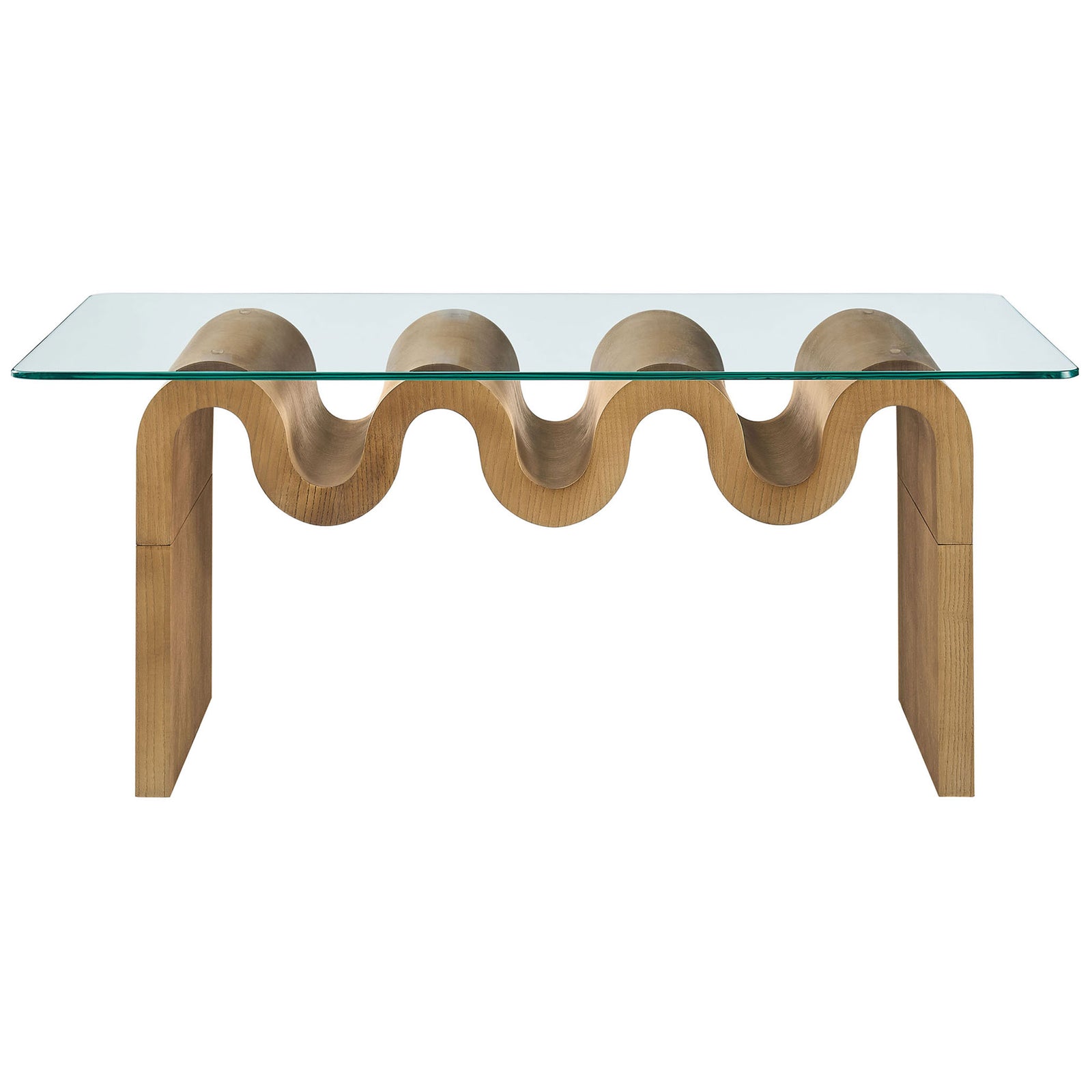 Glass-top coffee table with undulating natural wood base and rounded corners || EEI-6900-NAT || front_studio