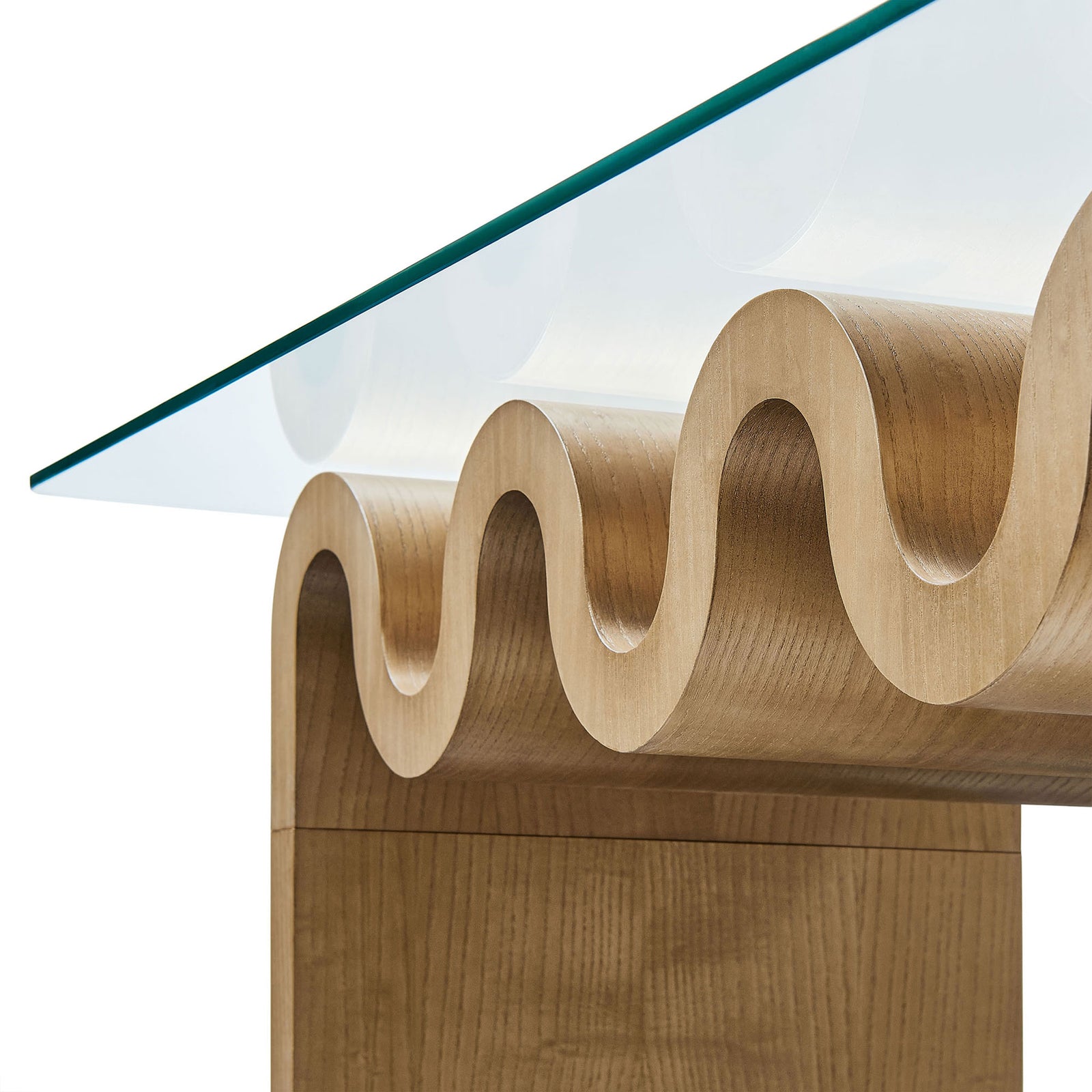 Tempered glass edge pairs with smooth natural wood wave detailing || EEI-6900-NAT || detail_studio